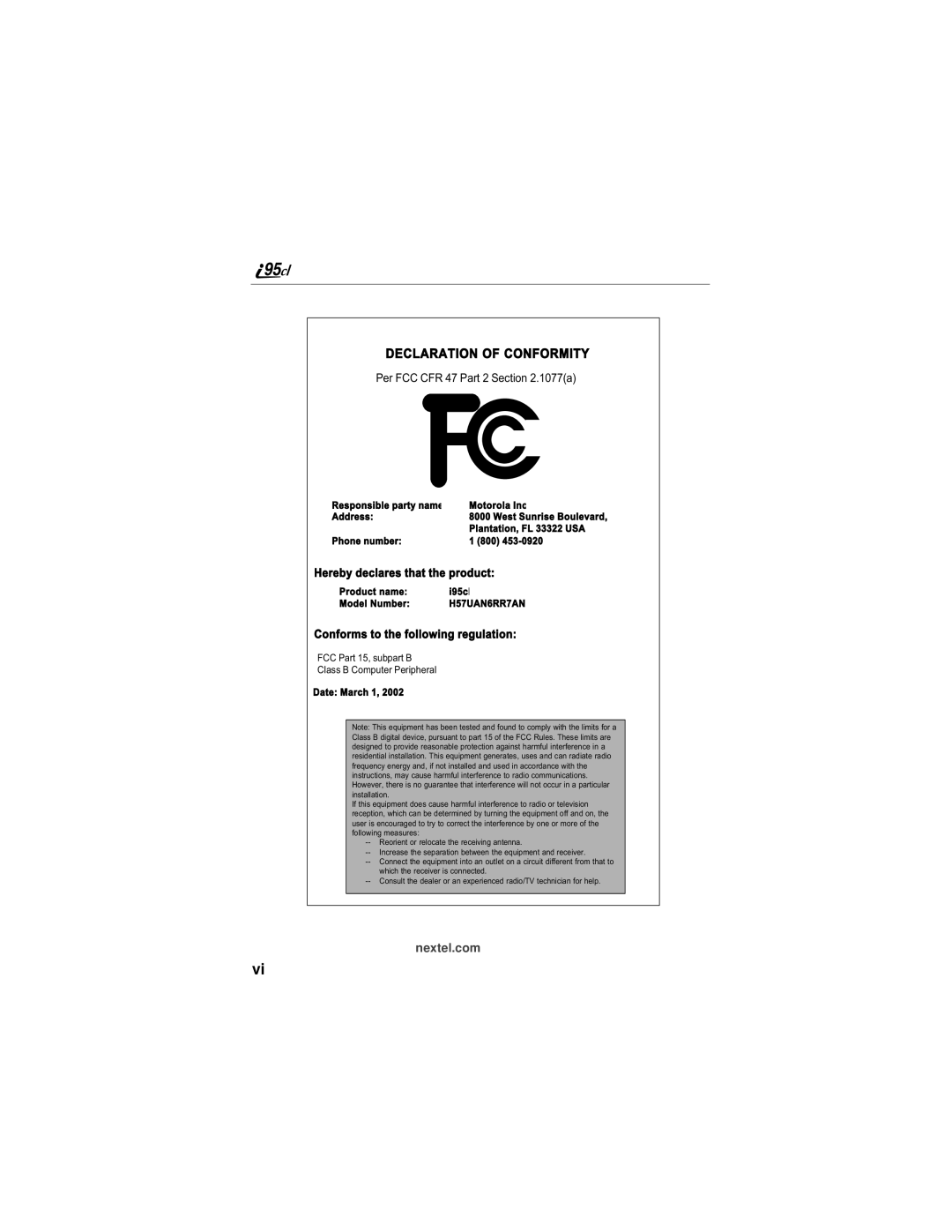 Motorola i95cl manual Declaration of Conformity 