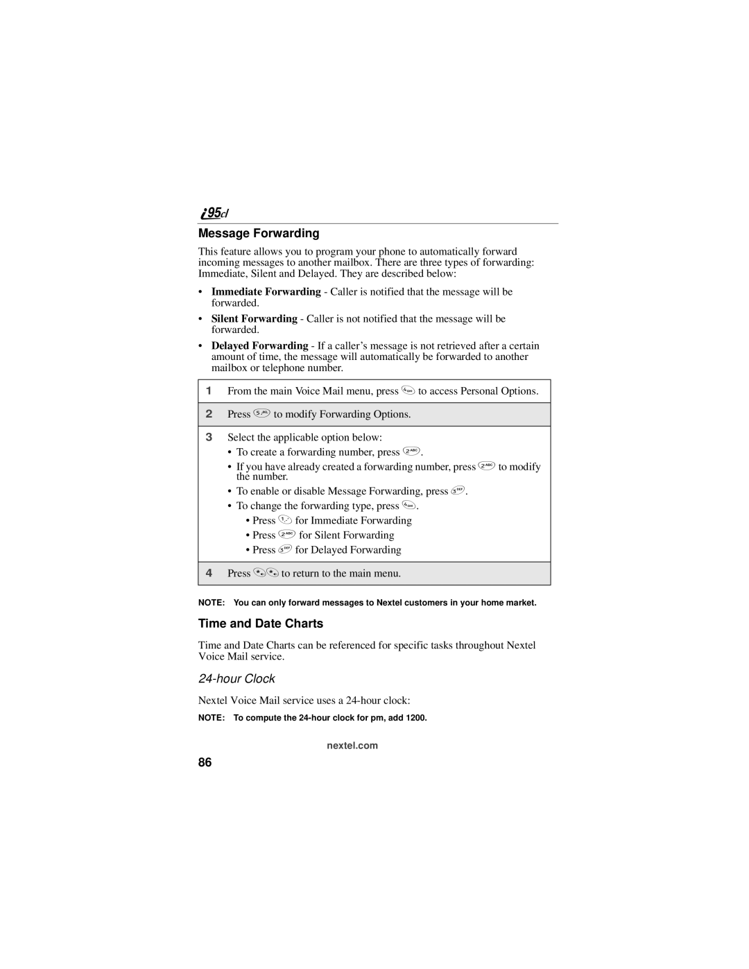 Motorola i95cl manual Message Forwarding, Time and Date Charts, Hour Clock 