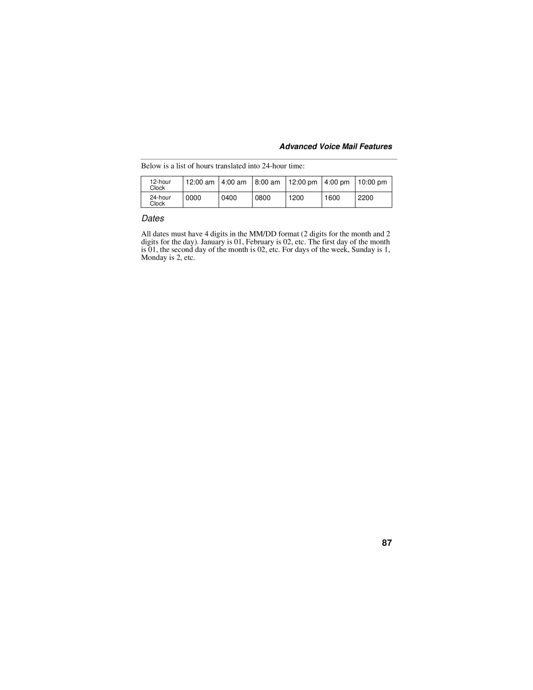 Motorola i95cl manual Dates, Below is a list of hours translated into 24-hour time 