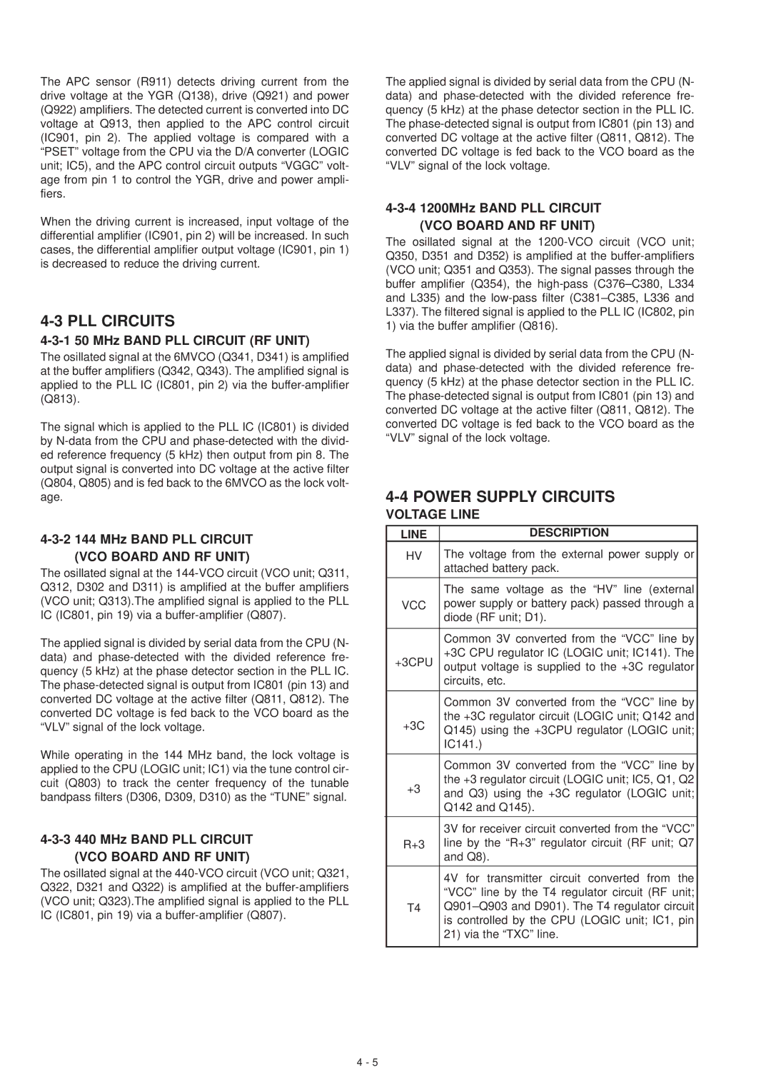 Motorola IC-T81A, IC-T81E service manual PLL Circuits, Power Supply Circuits Voltage Line, Line Description, Vcc, +3CPU 