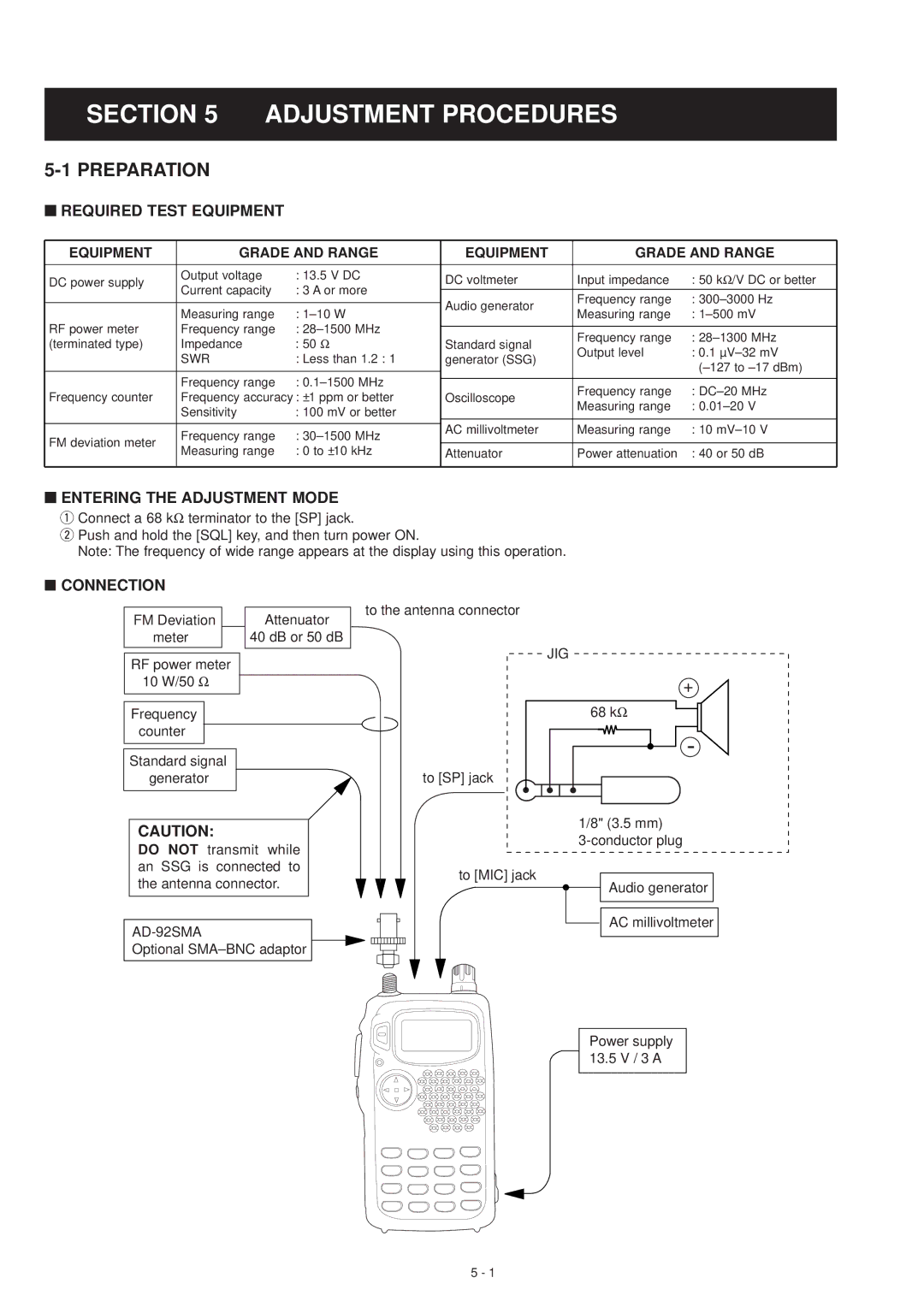 Motorola IC-T81E Adjustment Procedures, Preparation, ‘ Required Test Equipment, Connection, Equipment Grade and Range 