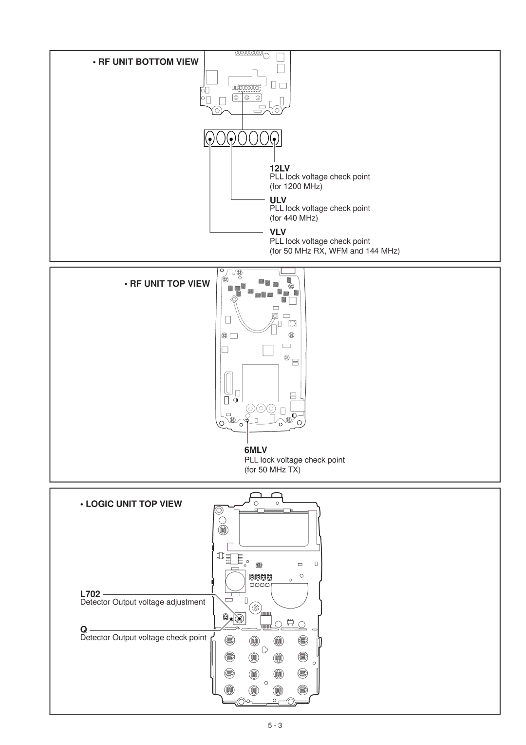 Motorola IC-T81E, IC-T81A service manual RF Unit Bottom View, Ulv, Vlv, RF Unit TOP View 6MLV, Logic Unit TOP View 