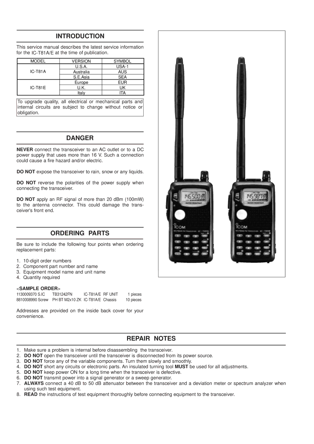 Motorola IC-T81A, IC-T81E service manual Introduction, Ordering Parts, Repair Notes, Sample Order 