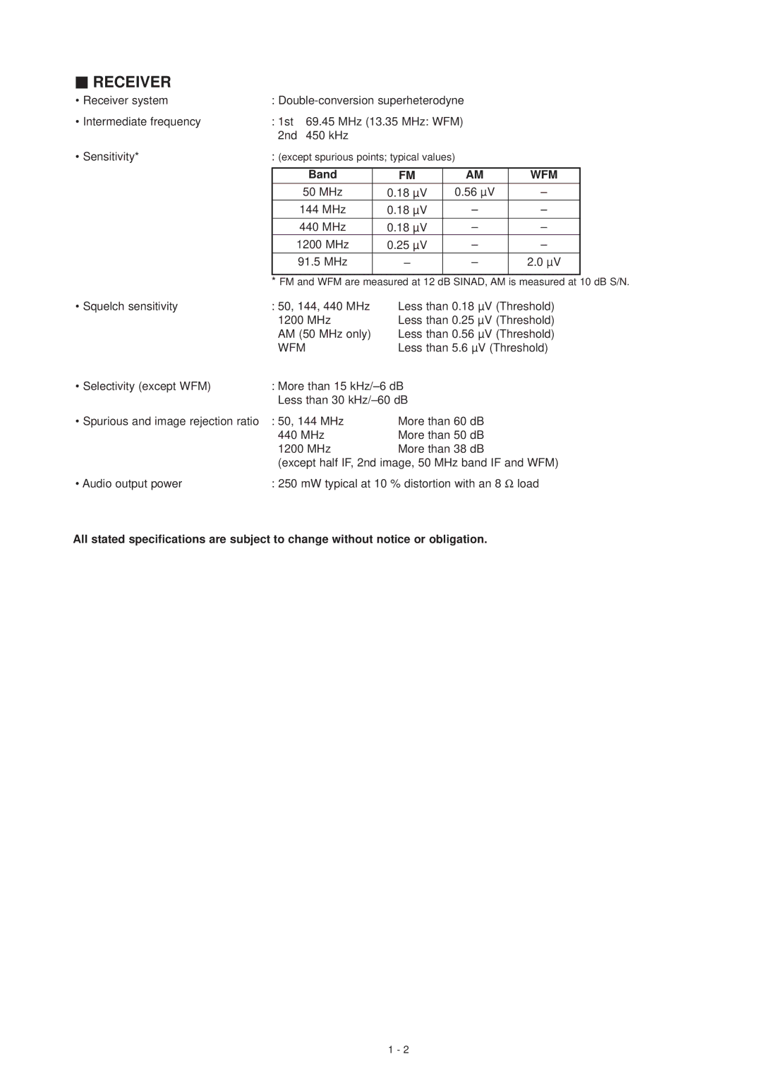 Motorola IC-T81E, IC-T81A service manual Receiver, Band, Wfm, Except spurious points typical values 