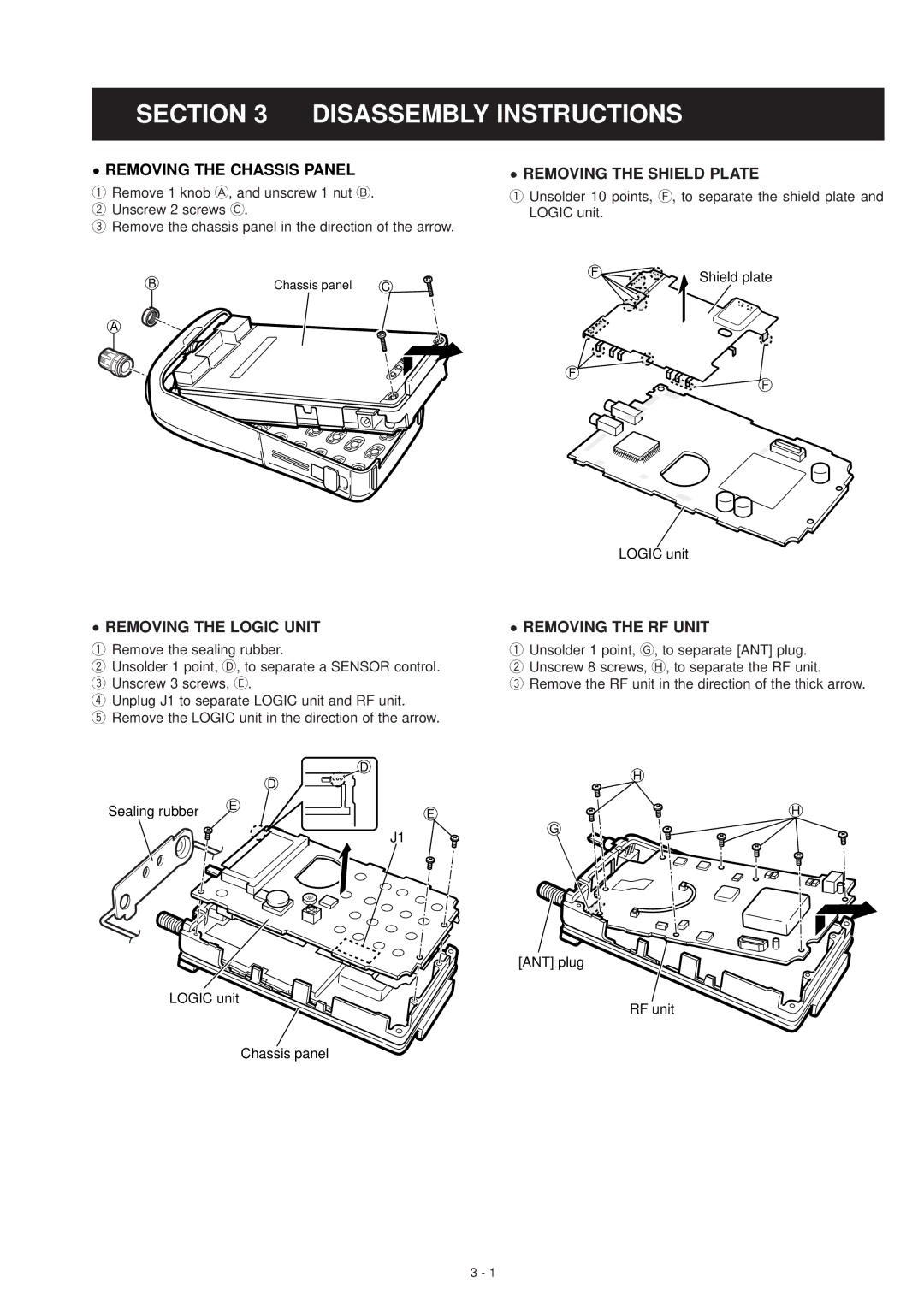 Motorola IC-T81E, IC-T81A Disassembly Instructions, Removing the Chassis Panel Removing the Shield Plate, Logic unit 