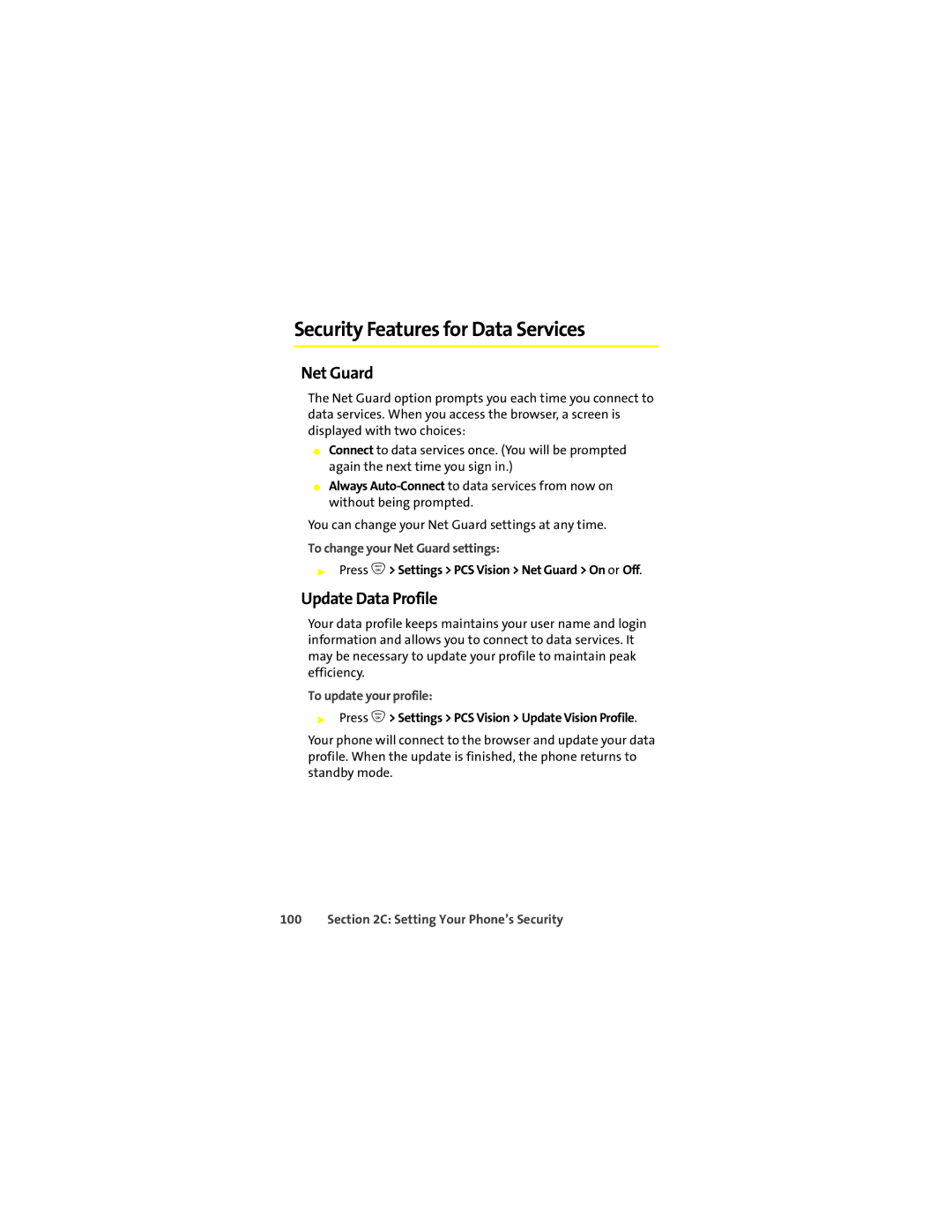 Motorola ic502 manual Security Features for Data Services, Update Data Profile, To change your Net Guard settings 