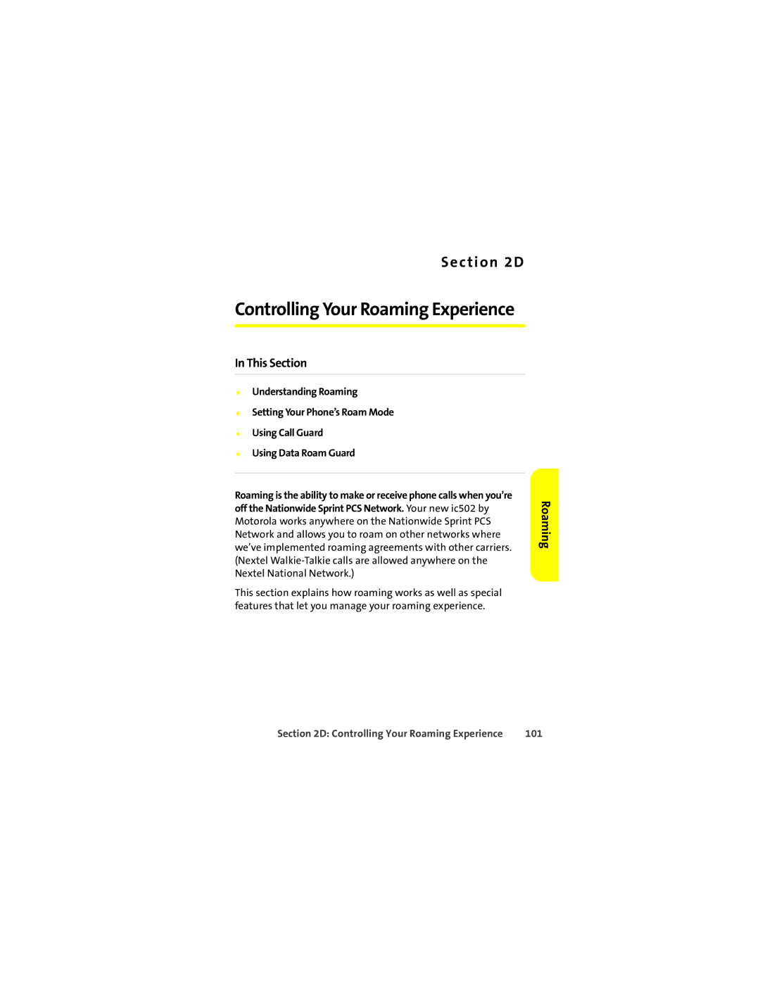 Motorola ic502 manual Controlling Your Roaming Experience, 101 