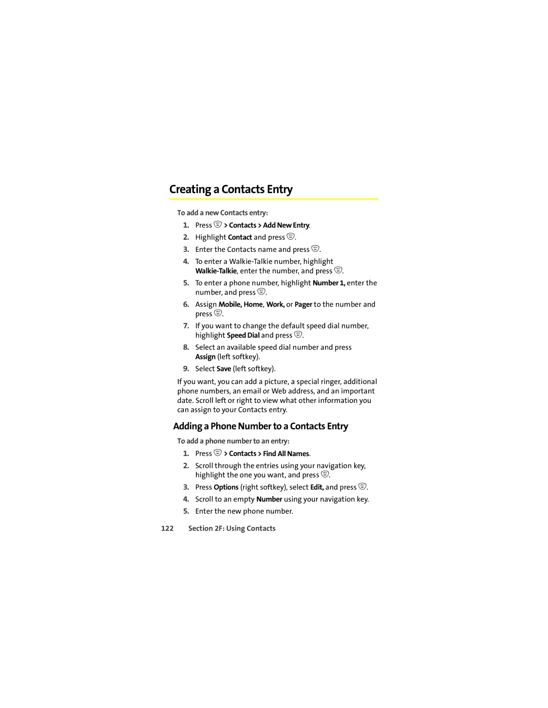 Motorola ic502 manual Creating a Contacts Entry, Adding a Phone Number to a Contacts Entry, To add a new Contacts entry 