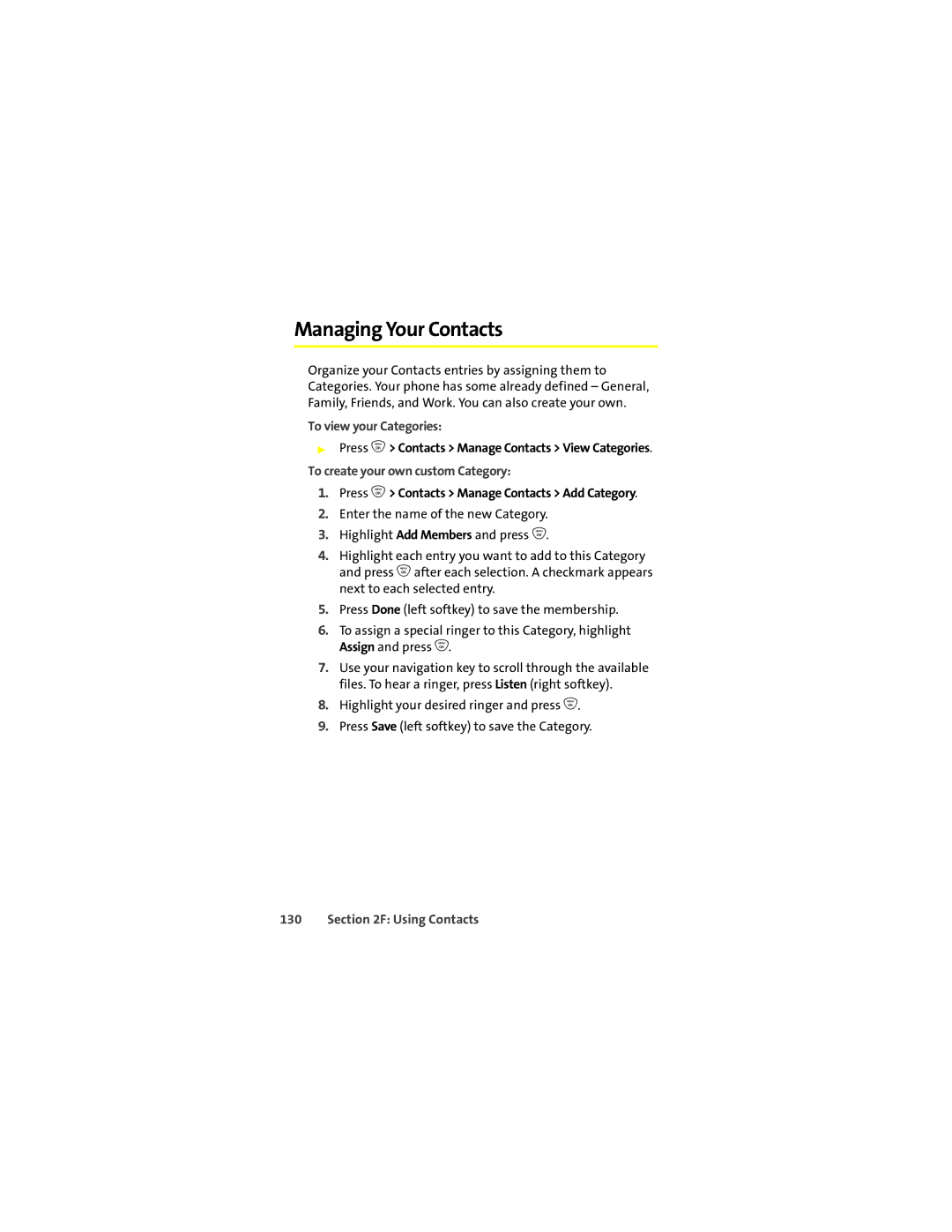 Motorola ic502 manual Managing Your Contacts, To view your Categories, To create your own custom Category 