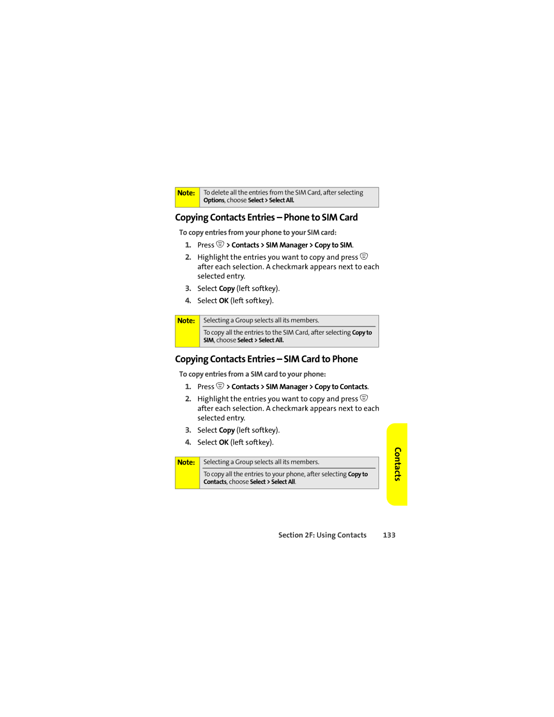 Motorola ic502 manual To copy entries from your phone to your SIM card, Press O Contacts SIM Manager Copy to SIM, 133 