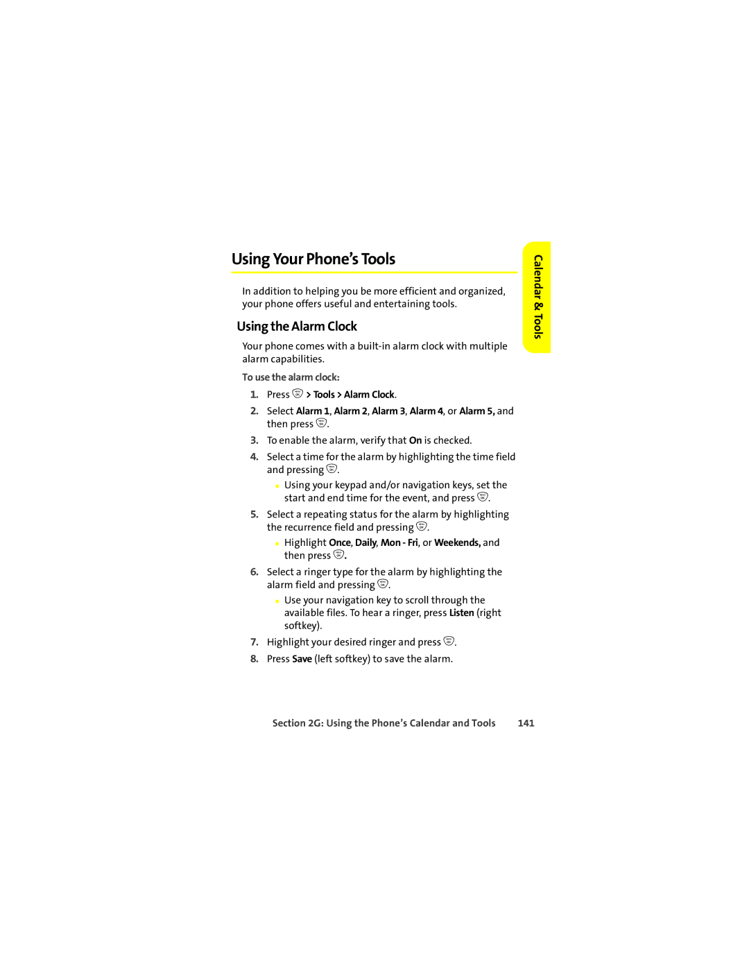 Motorola ic502 manual Using Your Phone’s Tools, Using the Alarm Clock, To use the alarm clock, 141 