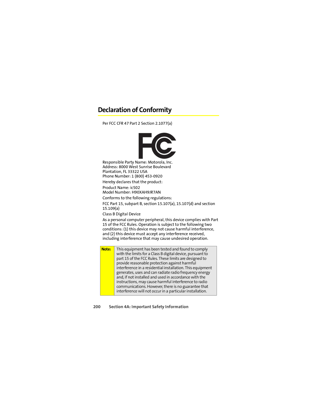 Motorola ic502 manual Declaration of Conformity 