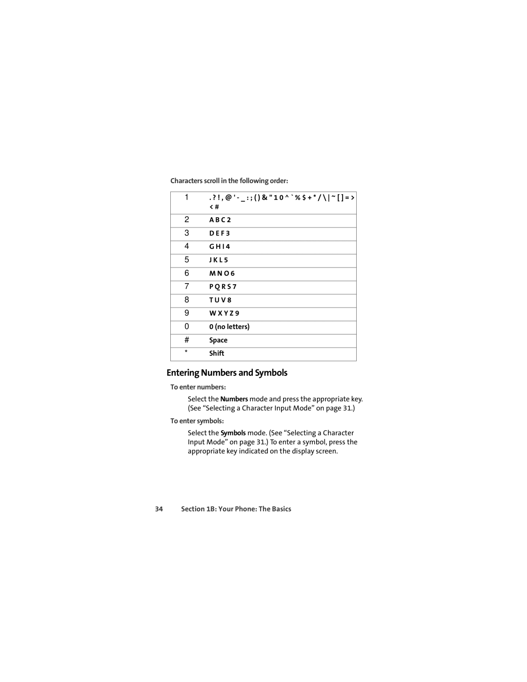 Motorola ic502 Entering Numbers and Symbols, Characters scroll in the following order, To enter numbers, To enter symbols 