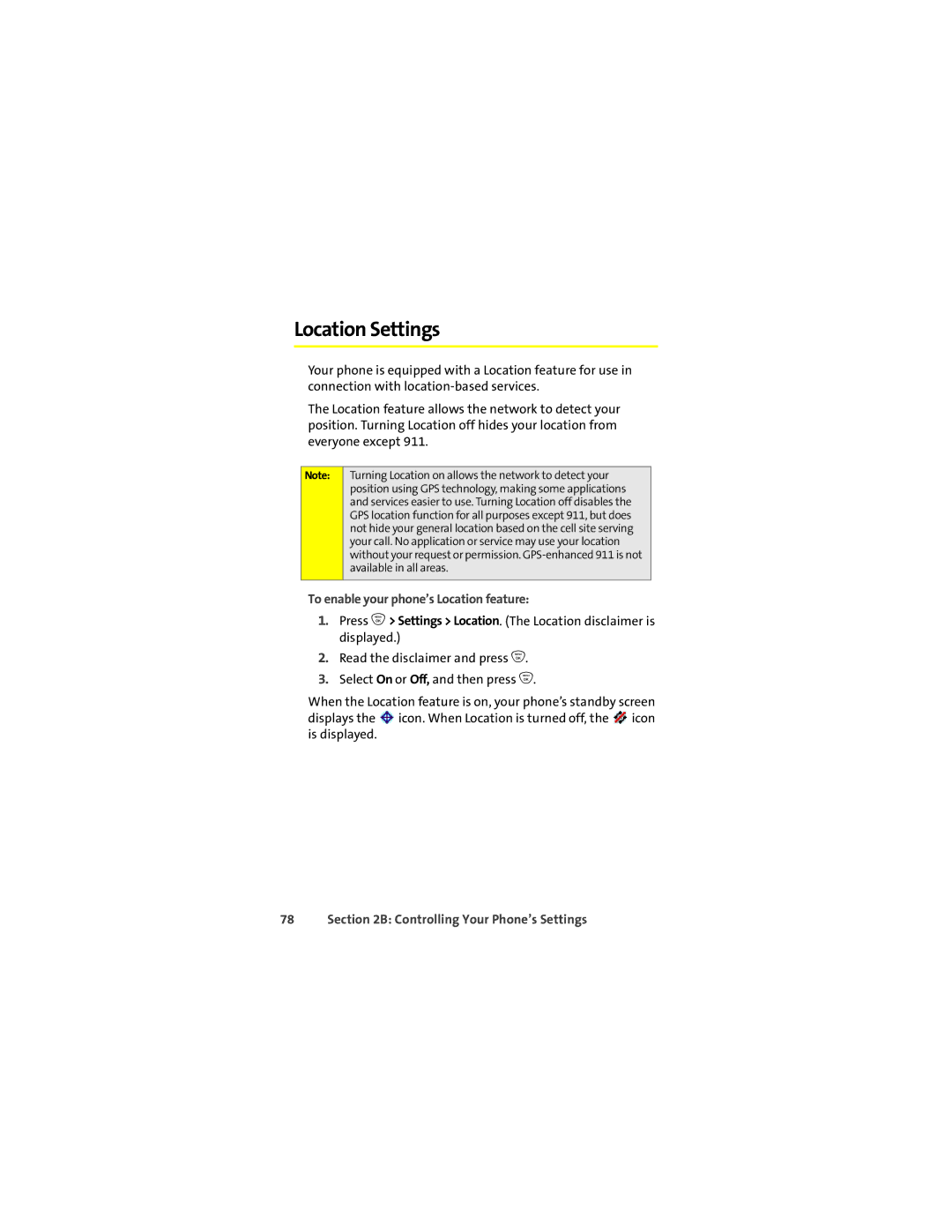 Motorola ic502 manual Location Settings, To enable your phone’s Location feature 