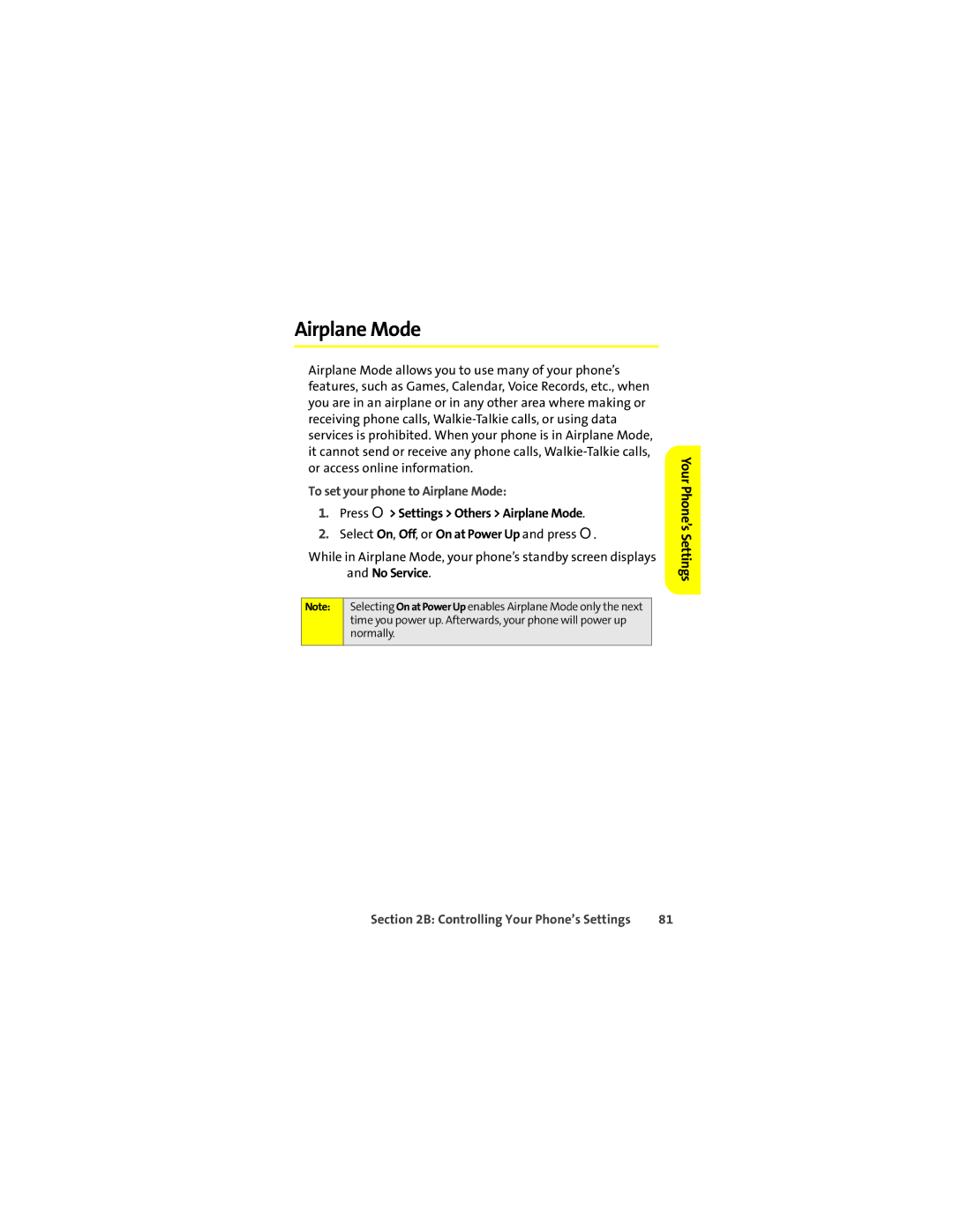 Motorola ic502 manual To set your phone to Airplane Mode, Press O Settings Others Airplane Mode, No Service 