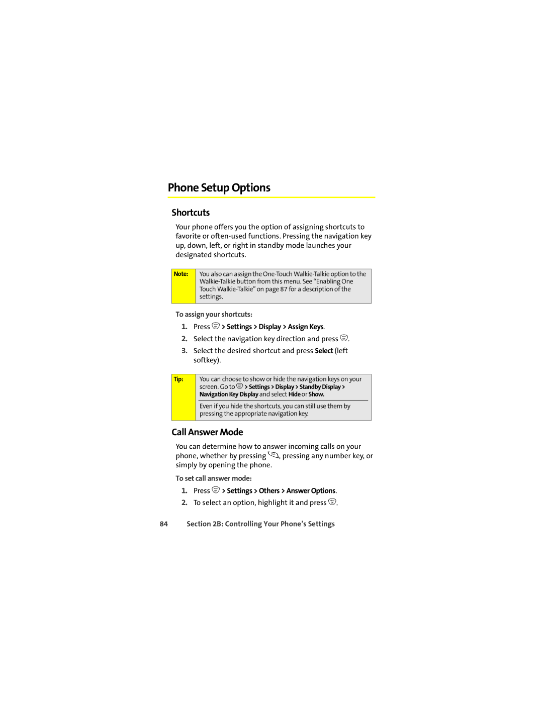 Motorola ic502 manual Phone Setup Options, Shortcuts, Call Answer Mode, To assign your shortcuts, To set call answer mode 