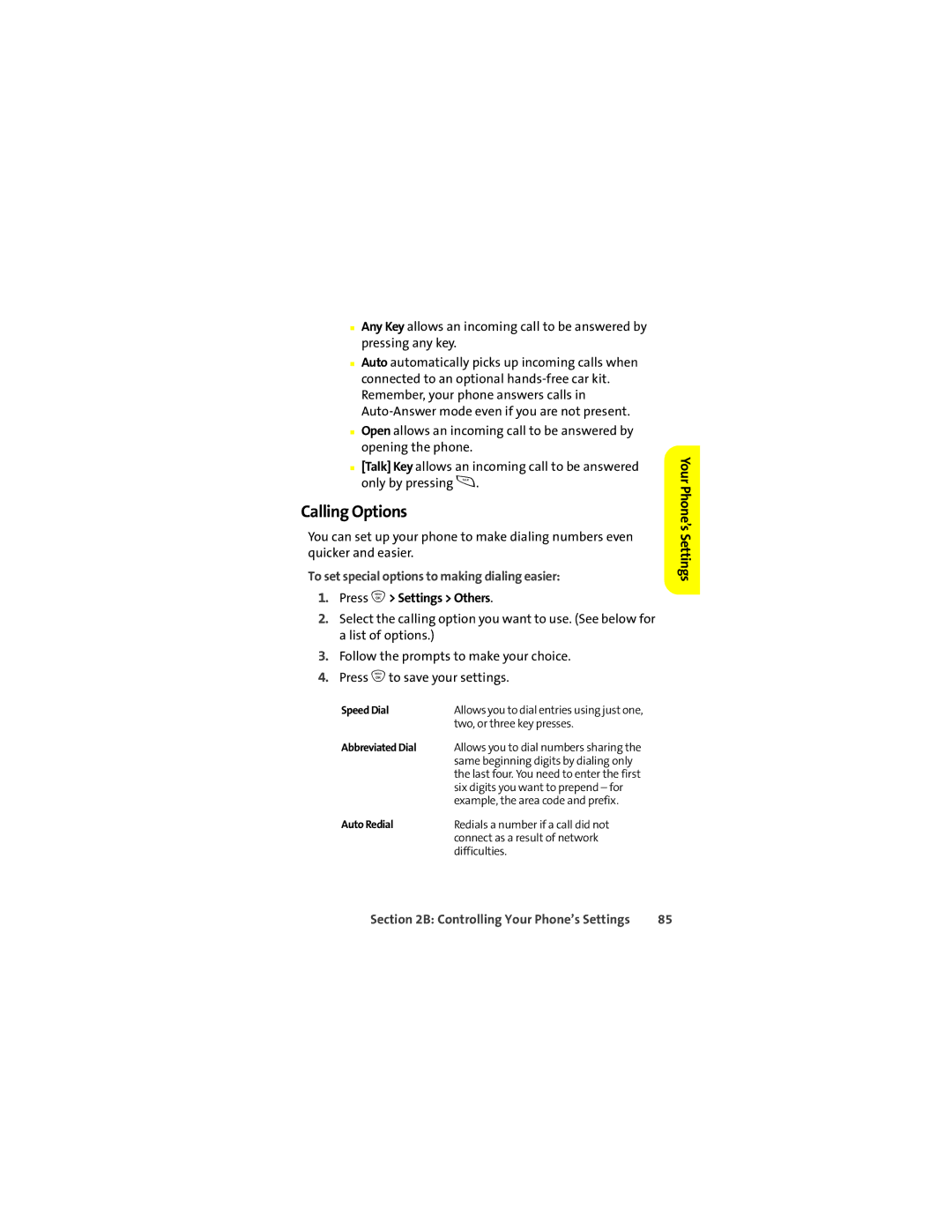 Motorola ic502 manual Calling Options, To set special options to making dialing easier, Press O Settings Others 