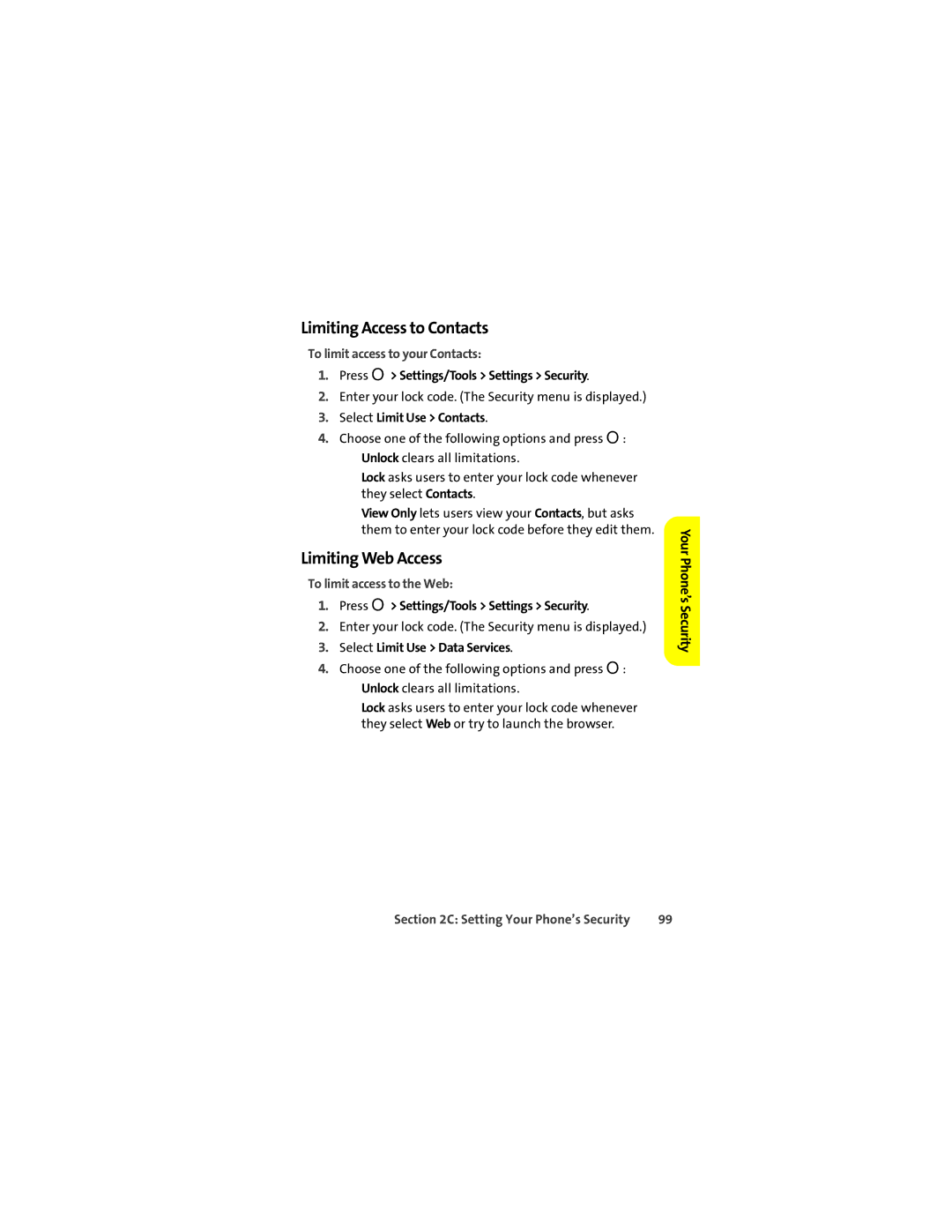 Motorola Ic602 manual Limiting Access to Contacts, Limiting Web Access, To limit access to your Contacts 