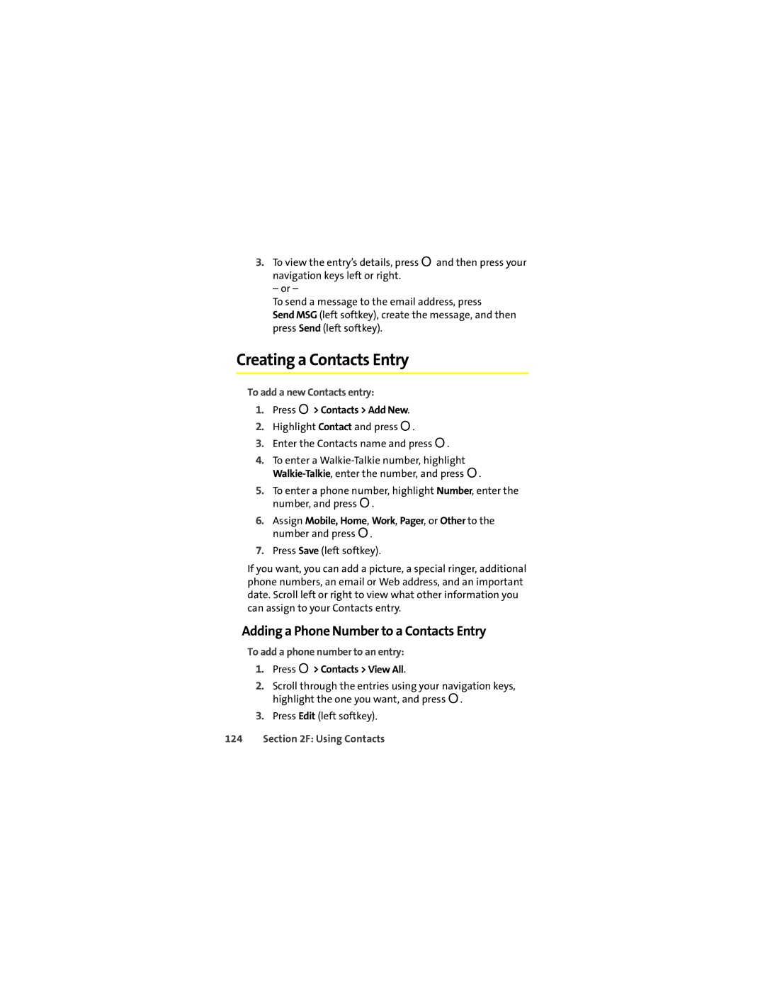 Motorola Ic602 manual Creating a Contacts Entry, Adding a Phone Number to a Contacts Entry, To add a new Contacts entry 