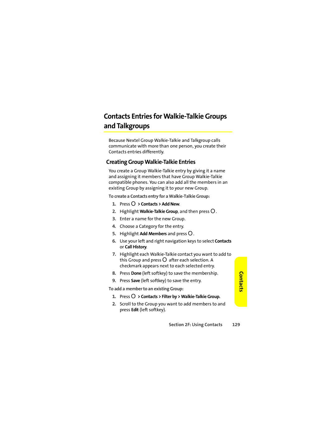 Motorola Ic602 manual Contacts Entries for Walkie-Talkie Groups and Talkgroups, Creating Group Walkie-Talkie Entries, 129 