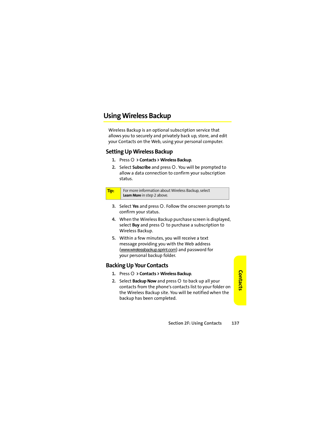 Motorola Ic602 manual Using Wireless Backup, Setting Up Wireless Backup, Backing Up Your Contacts, 137 