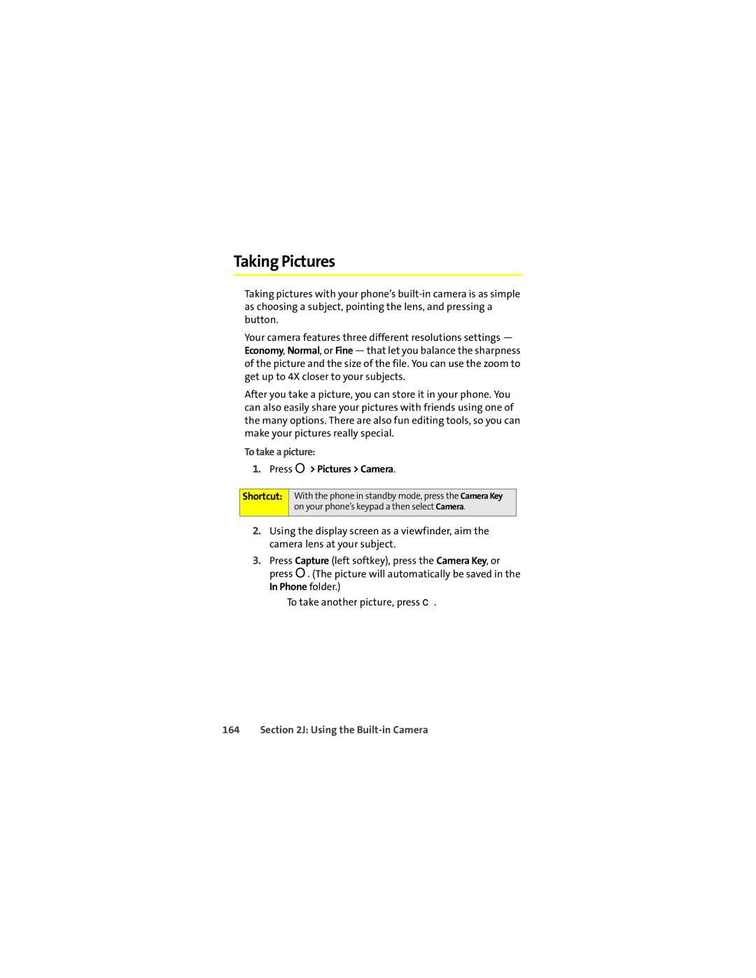 Motorola Ic602 manual Taking Pictures, To take a picture, Press O Pictures Camera Shortcut, Using the Built-in Camera 