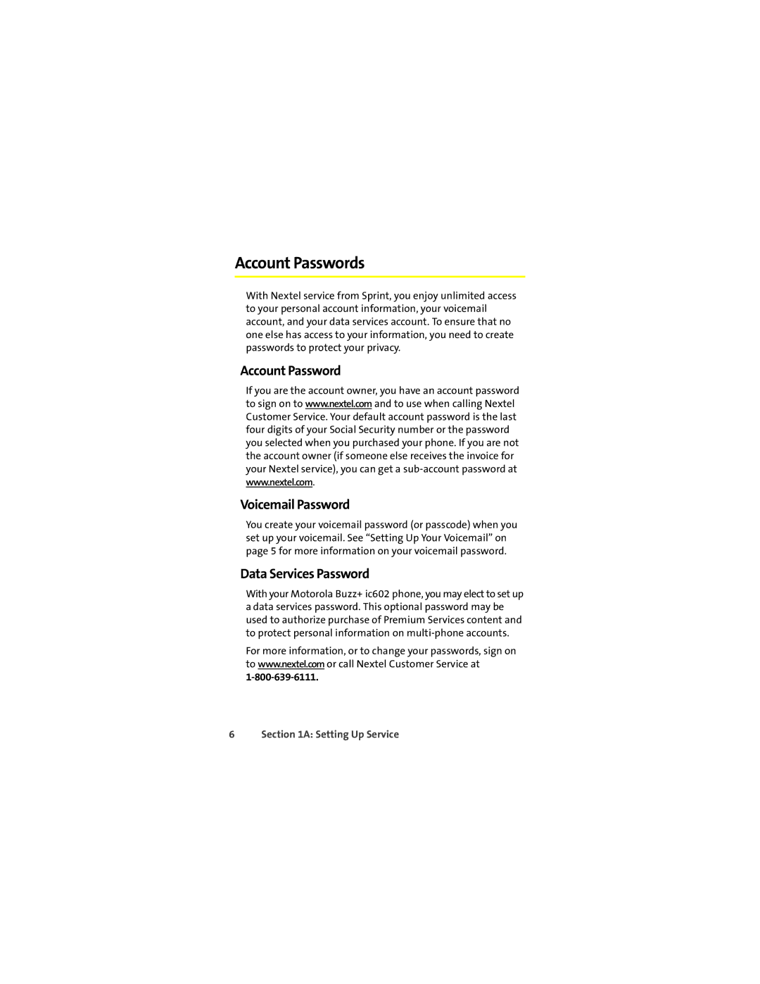 Motorola Ic602 manual Account Passwords, Account Password Voicemail Password, Data Services Password 