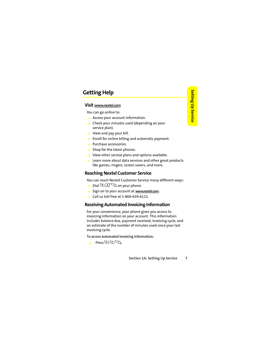 Motorola Ic602 manual Getting Help, Reaching Nextel Customer Service, Receiving Automated Invoicing Information 