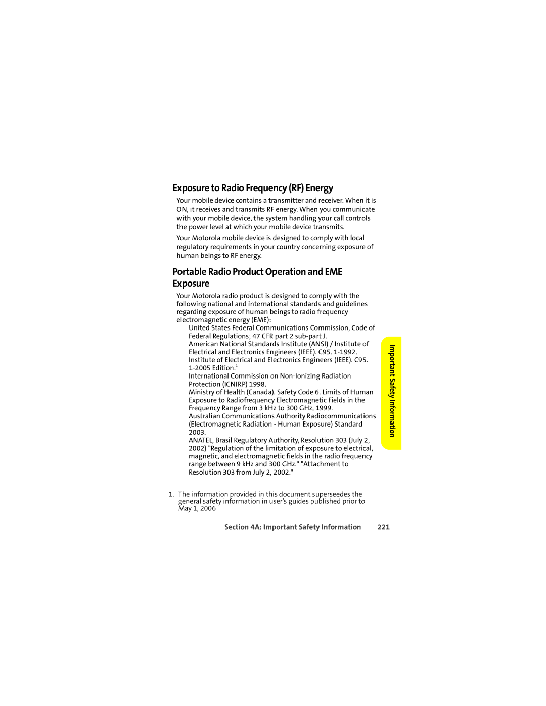 Motorola Ic602 manual Exposure to Radio Frequency RF Energy, Portable Radio Product Operation and EME Exposure, 221 