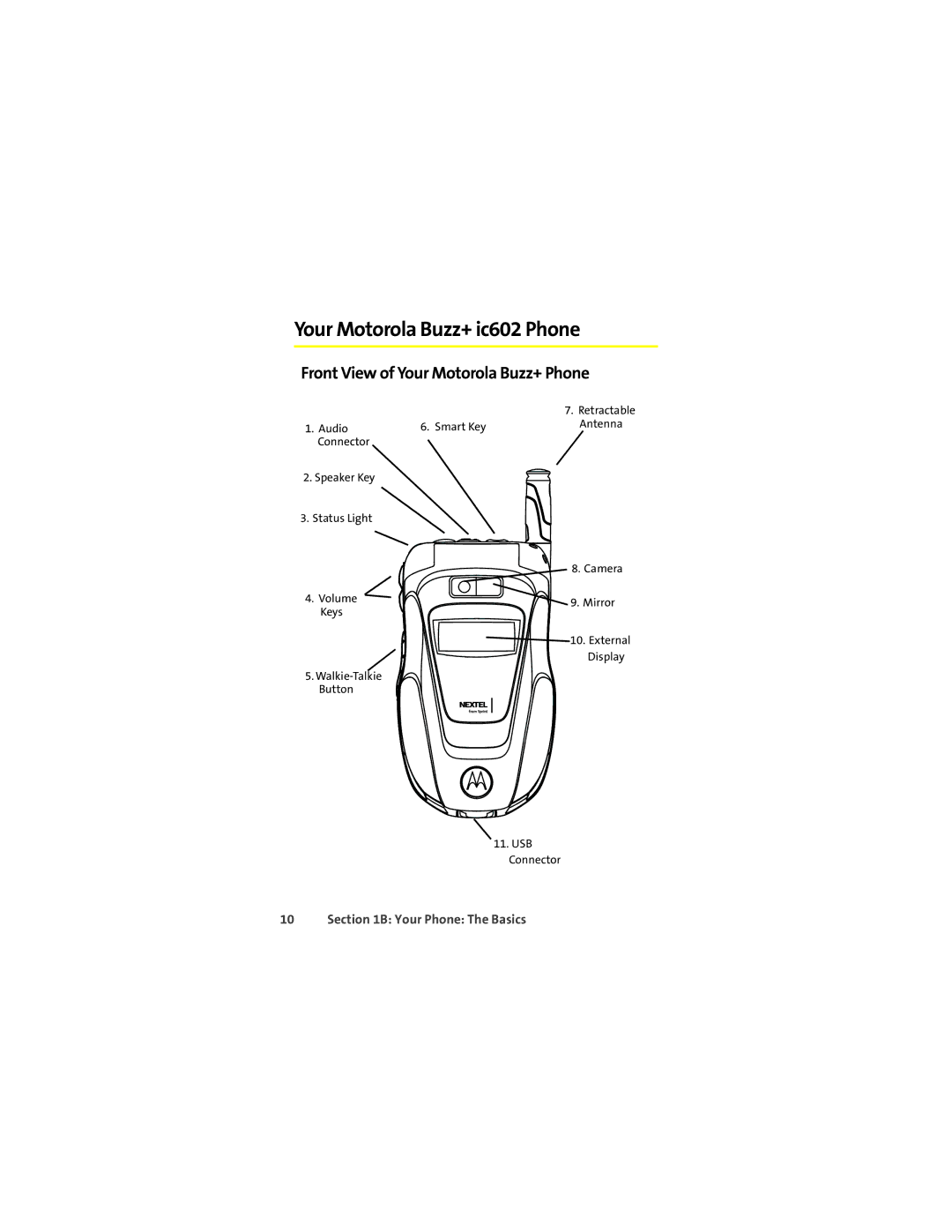 Motorola Ic602 manual Your Motorola Buzz+ ic602 Phone, Front View of Your Motorola Buzz+ Phone, Your Phone The Basics 