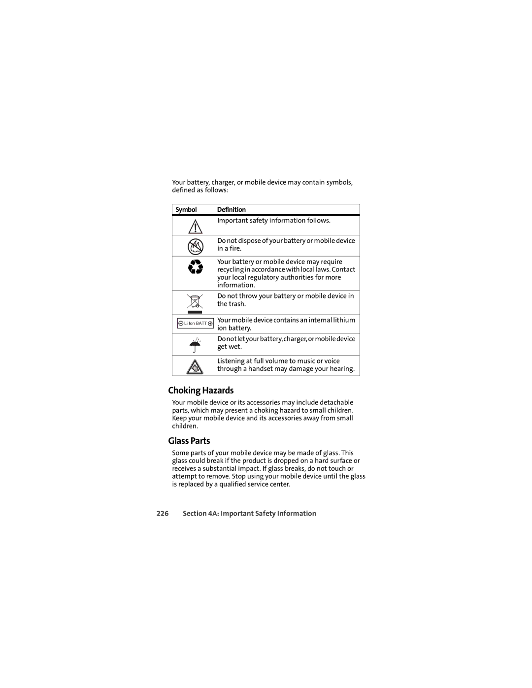 Motorola Ic602 manual Choking Hazards, Glass Parts, Symbol Definition 