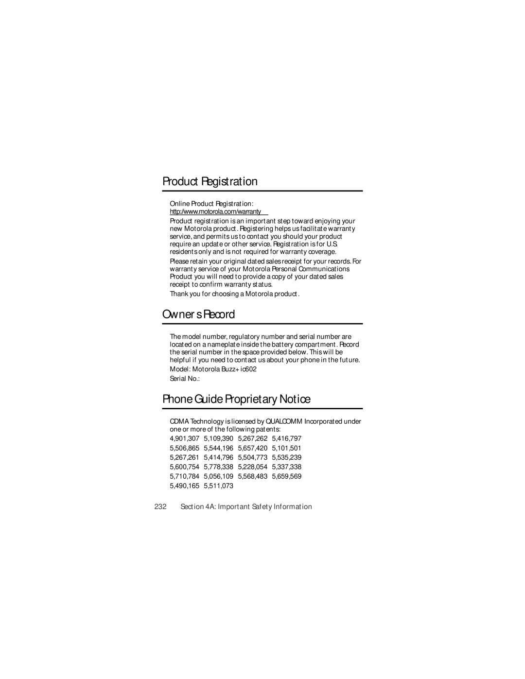 Motorola Ic602 manual Product Registration, Owner’s Record, Phone Guide Proprietary Notice 