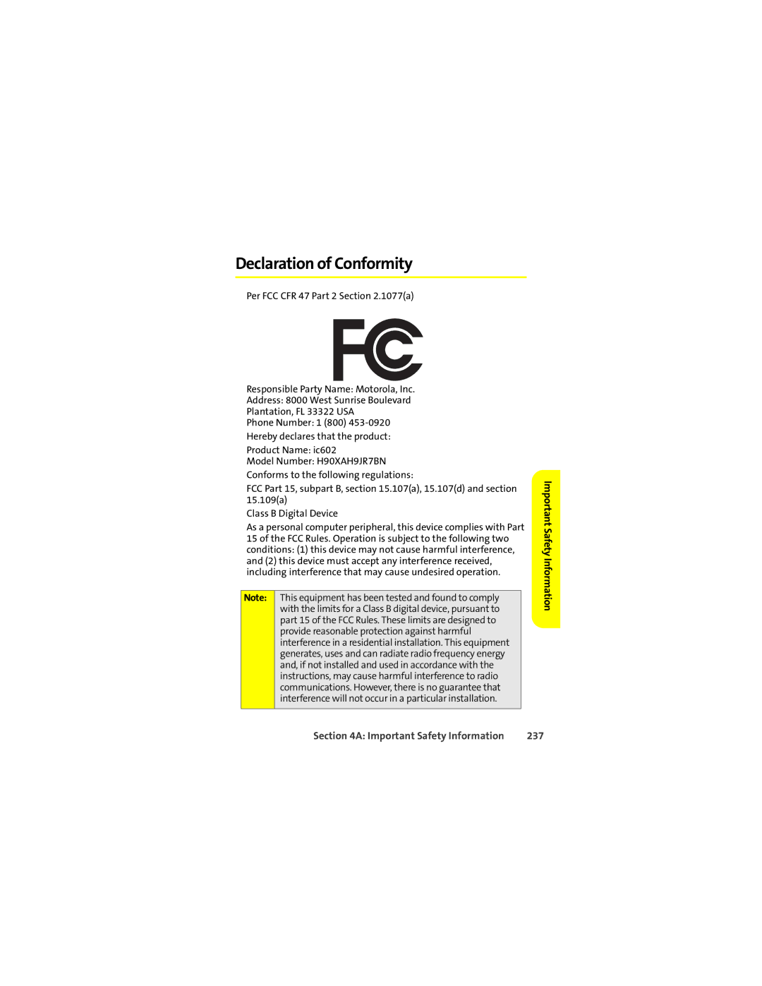 Motorola Ic602 manual Declaration of Conformity, 237 