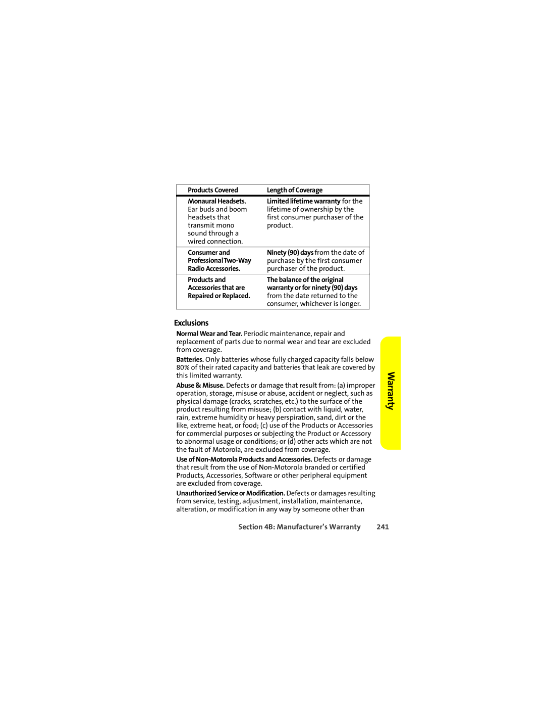 Motorola Ic602 manual Exclusions, 241 