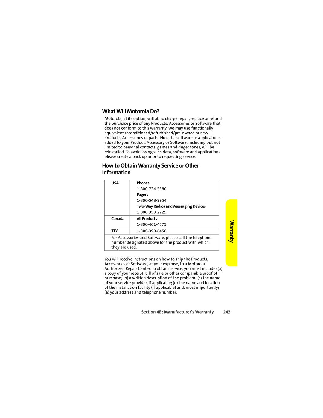 Motorola Ic602 manual What Will Motorola Do?, How to Obtain Warranty Service or Other Information, 243 