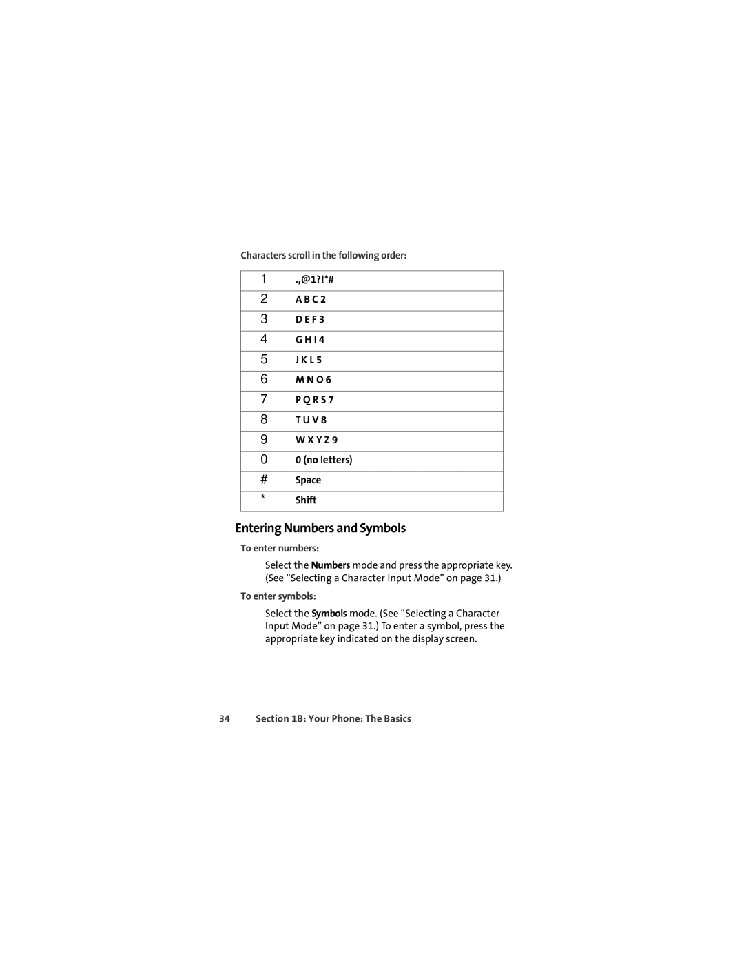 Motorola Ic602 Entering Numbers and Symbols, Characters scroll in the following order, To enter numbers, To enter symbols 