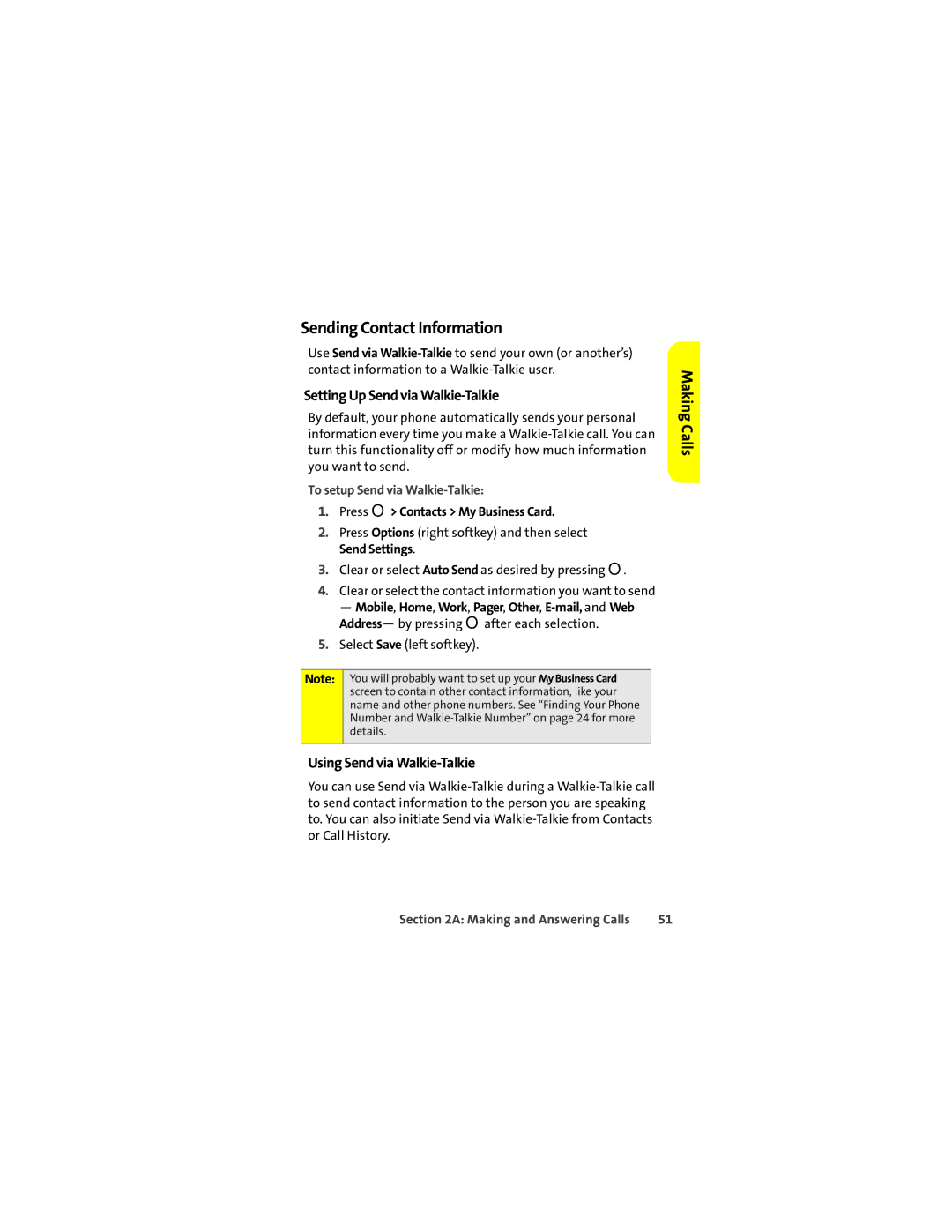 Motorola Ic602 manual Sending Contact Information, Setting Up Send via Walkie-Talkie, Using Send via Walkie-Talkie 