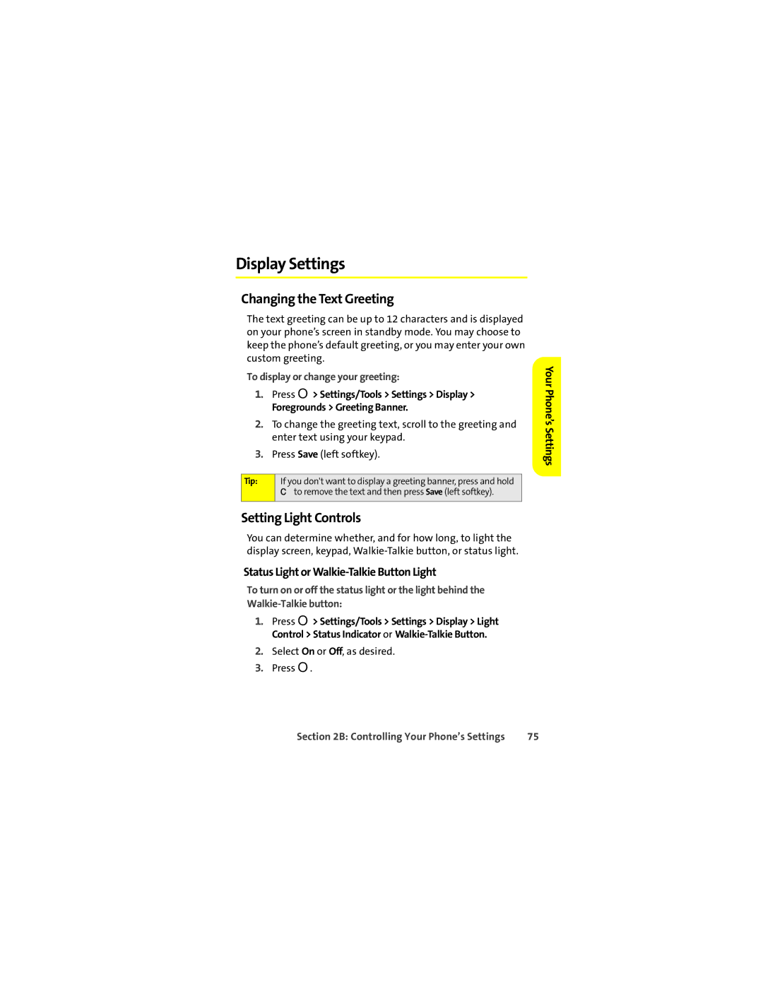 Motorola Ic602 Display Settings, Changing the Text Greeting, Setting Light Controls, To display or change your greeting 