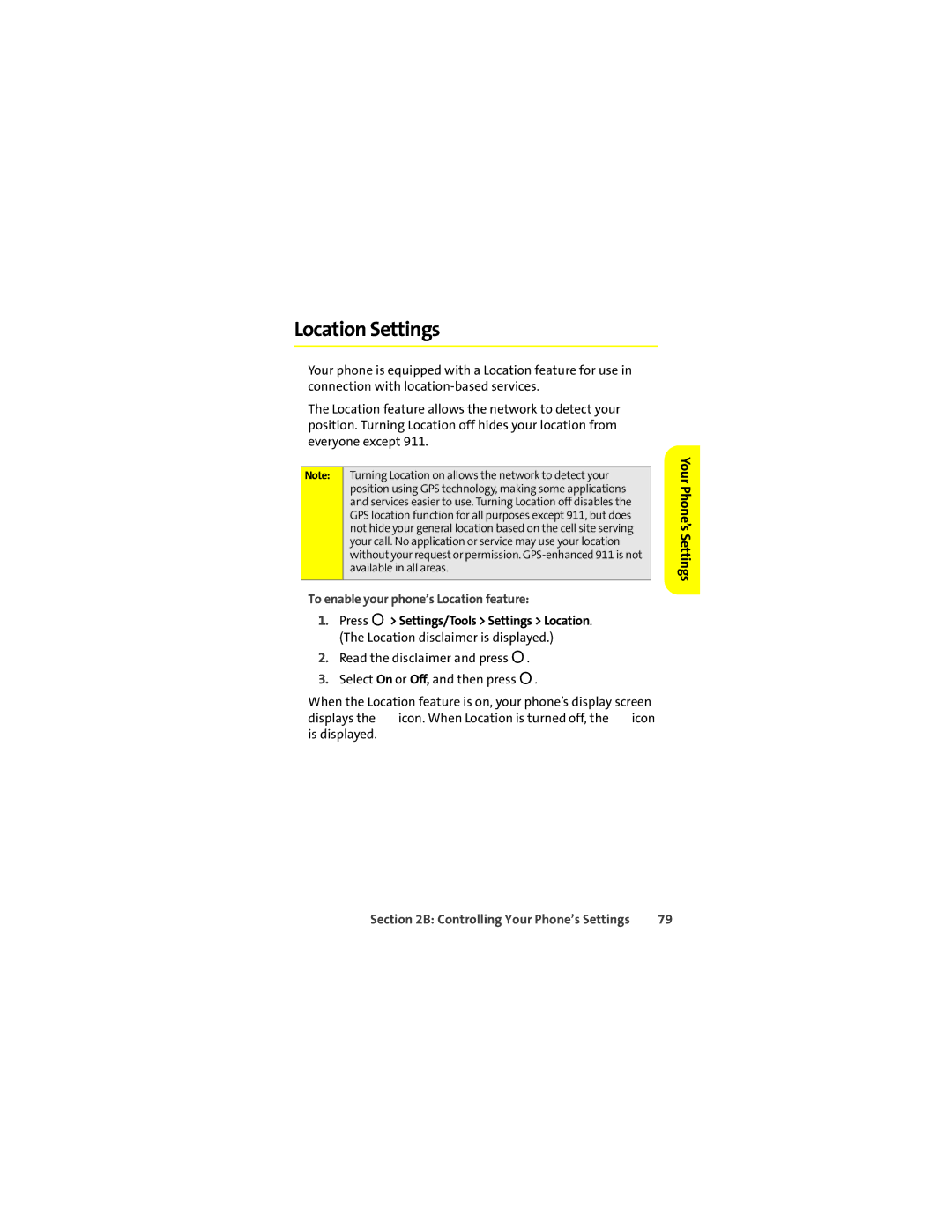 Motorola Ic602 manual Location Settings, To enable your phone’s Location feature 