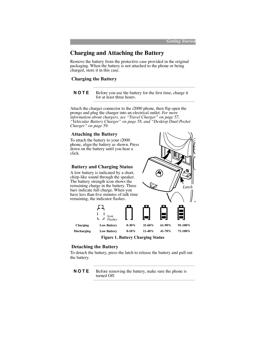 Motorola iDEN manual Charging and Attaching the Battery, Latch 