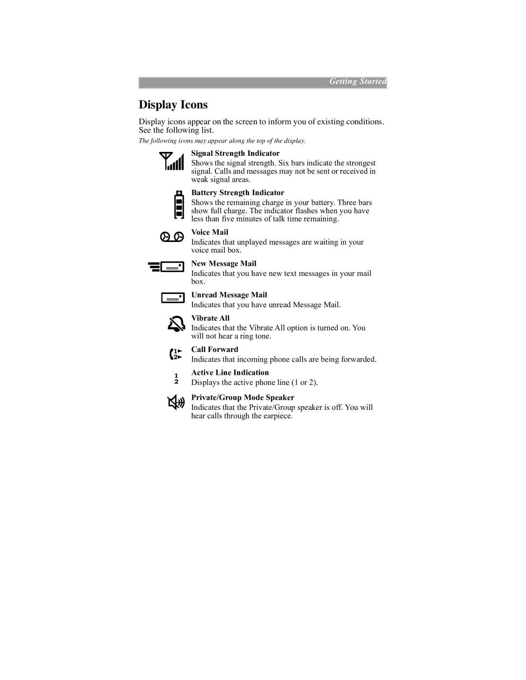 Motorola iDEN manual Display Icons, Signal Strength Indicator 