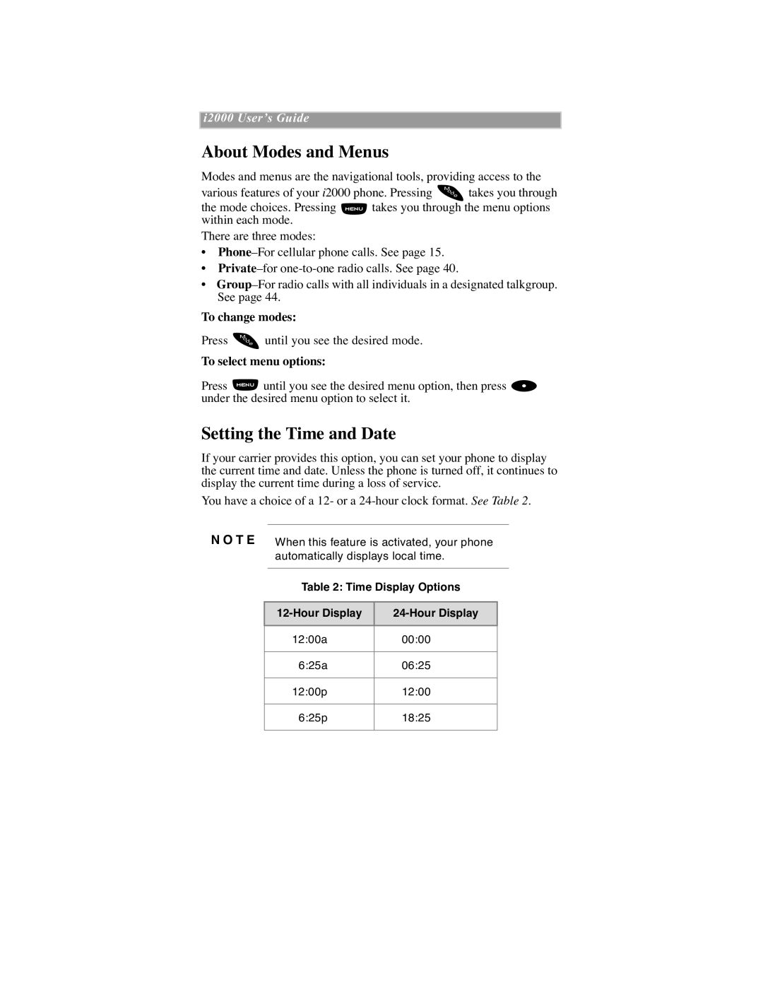 Motorola iDEN manual About Modes and Menus, Setting the Time and Date 