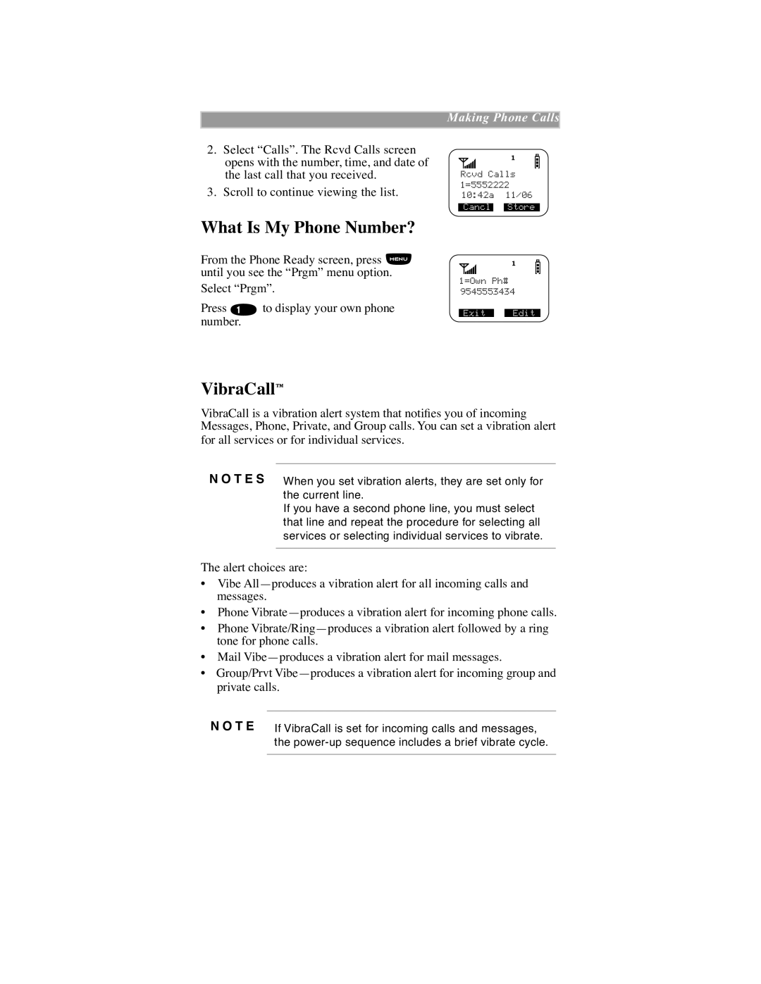 Motorola iDEN manual What Is My Phone Number?, VibraCallª 