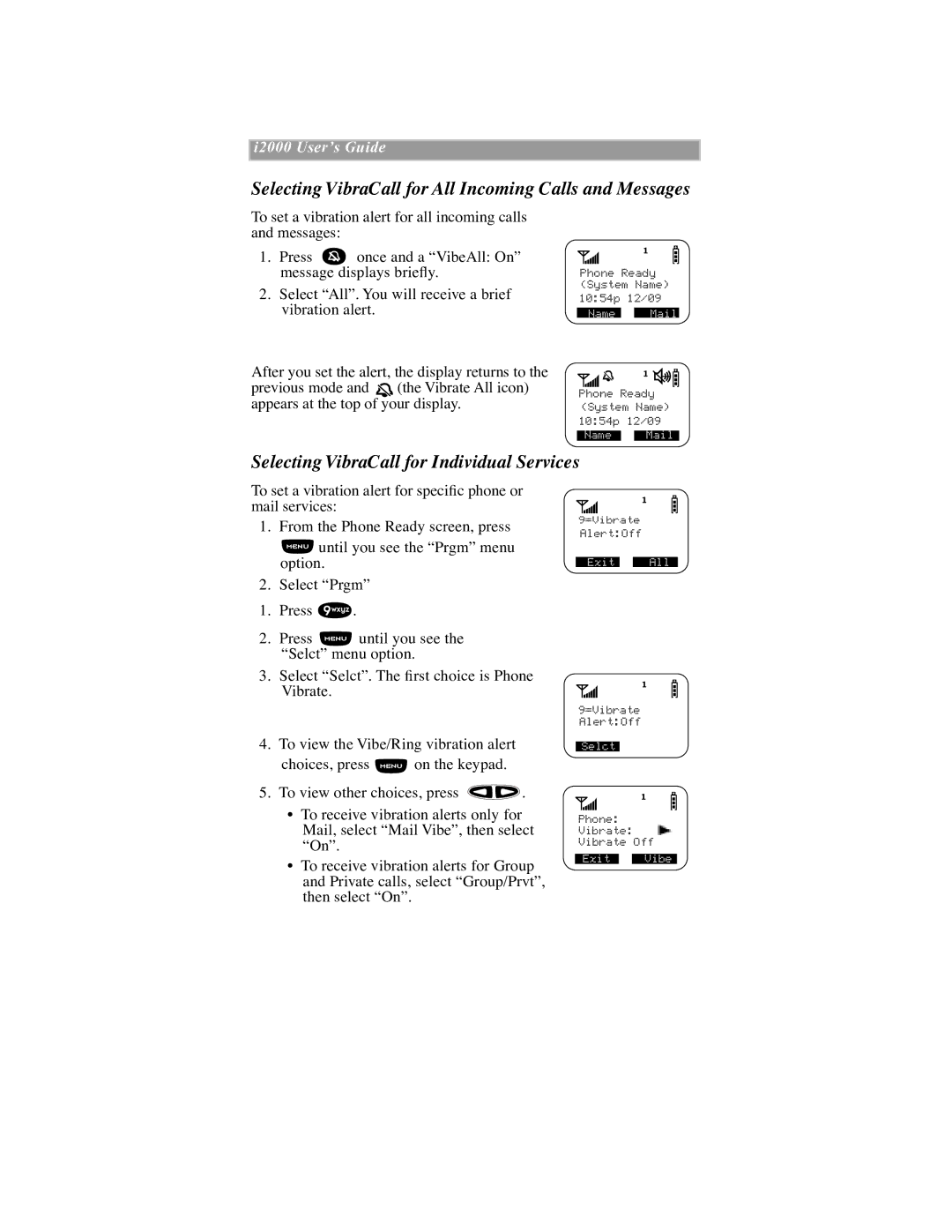 Motorola iDEN manual Selecting VibraCall for All Incoming Calls and Messages, Selecting VibraCall for Individual Services 