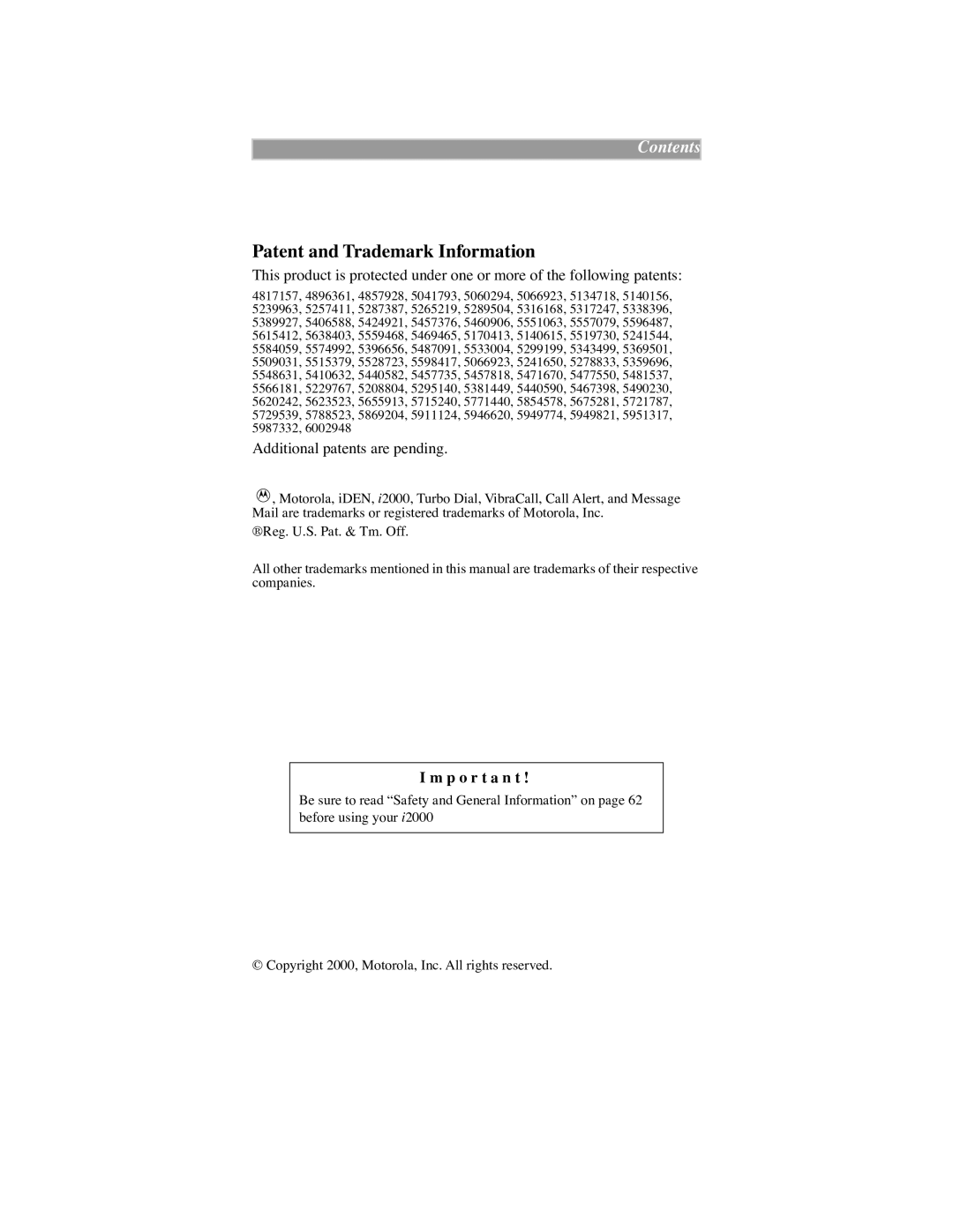 Motorola iDEN manual Patent and Trademark Information, Additional patents are pending 