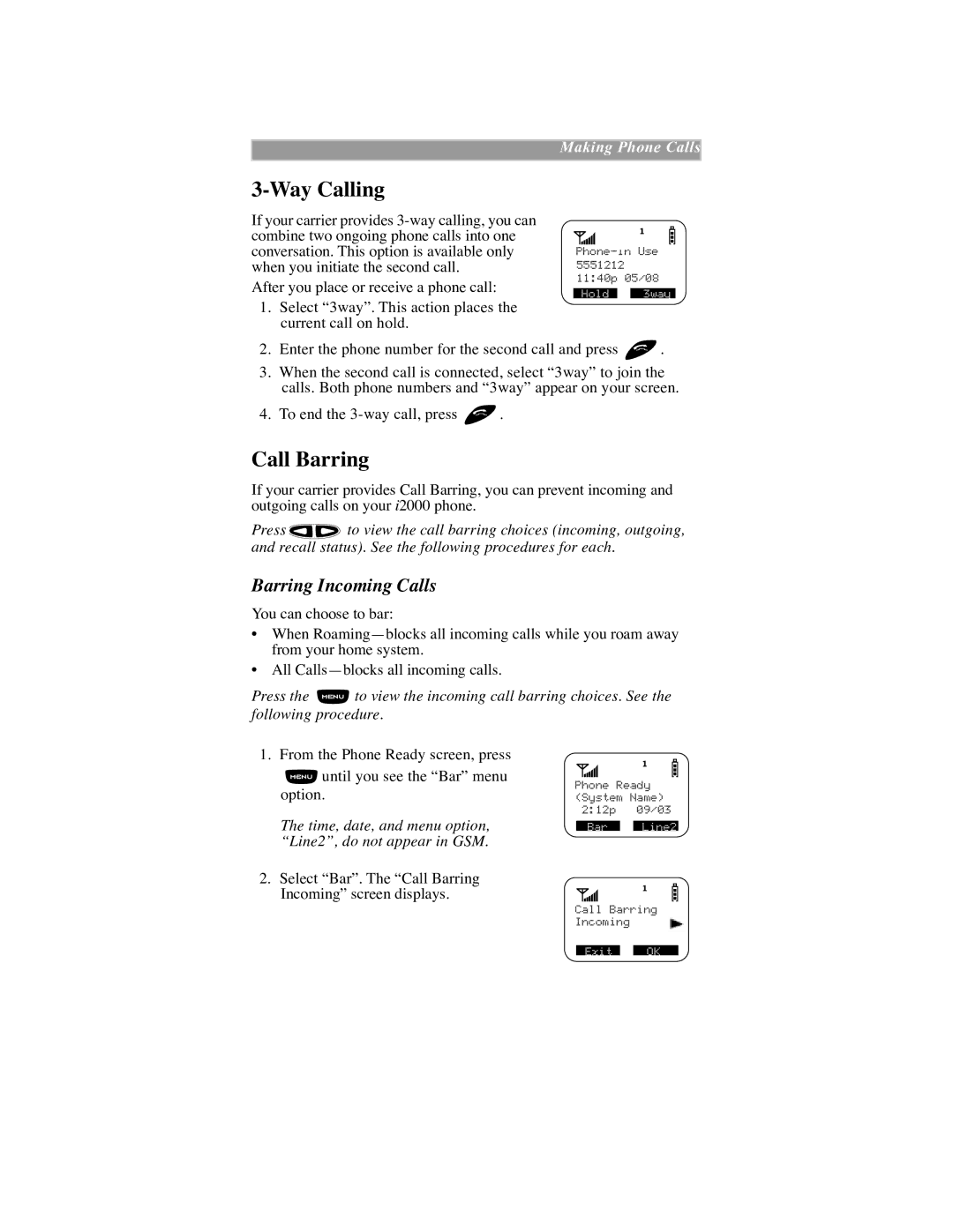 Motorola iDEN manual Way Calling, Call Barring, Barring Incoming Calls 