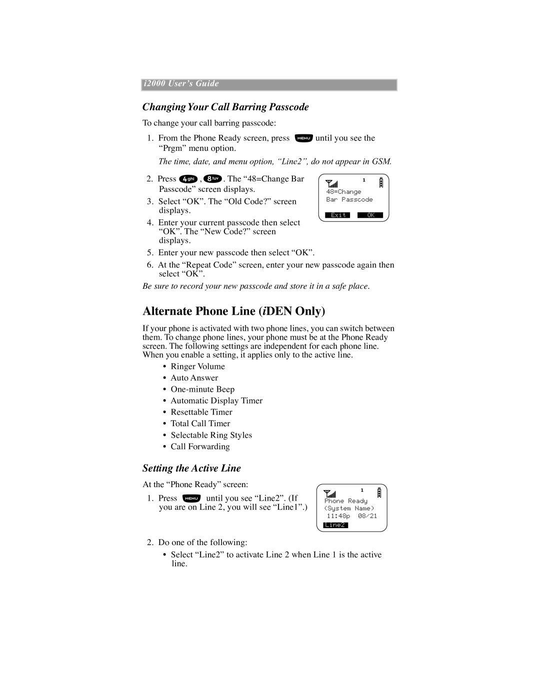 Motorola manual Alternate Phone Line iDEN Only, Changing Your Call Barring Passcode, Setting the Active Line 