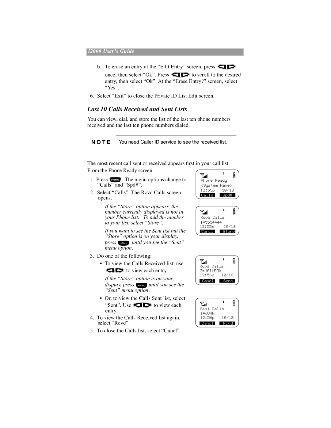 Motorola iDEN manual Last 10 Calls Received and Sent Lists 