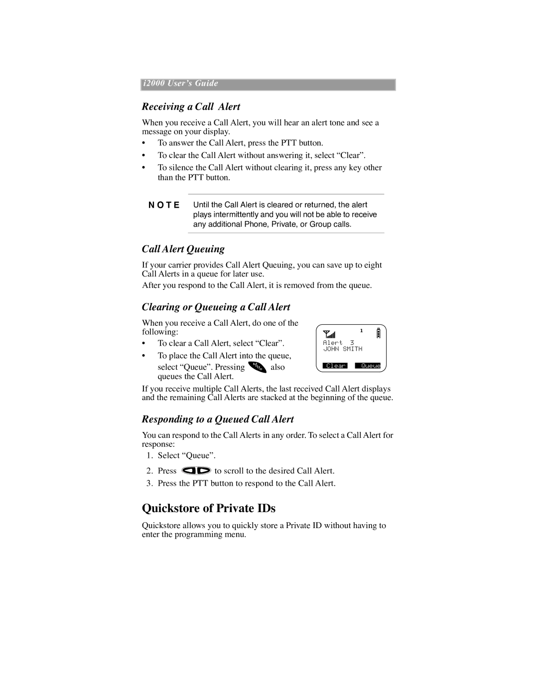 Motorola iDEN Quickstore of Private IDs, Receiving a Call Alert, Call Alert Queuing, Clearing or Queueing a Call Alert 