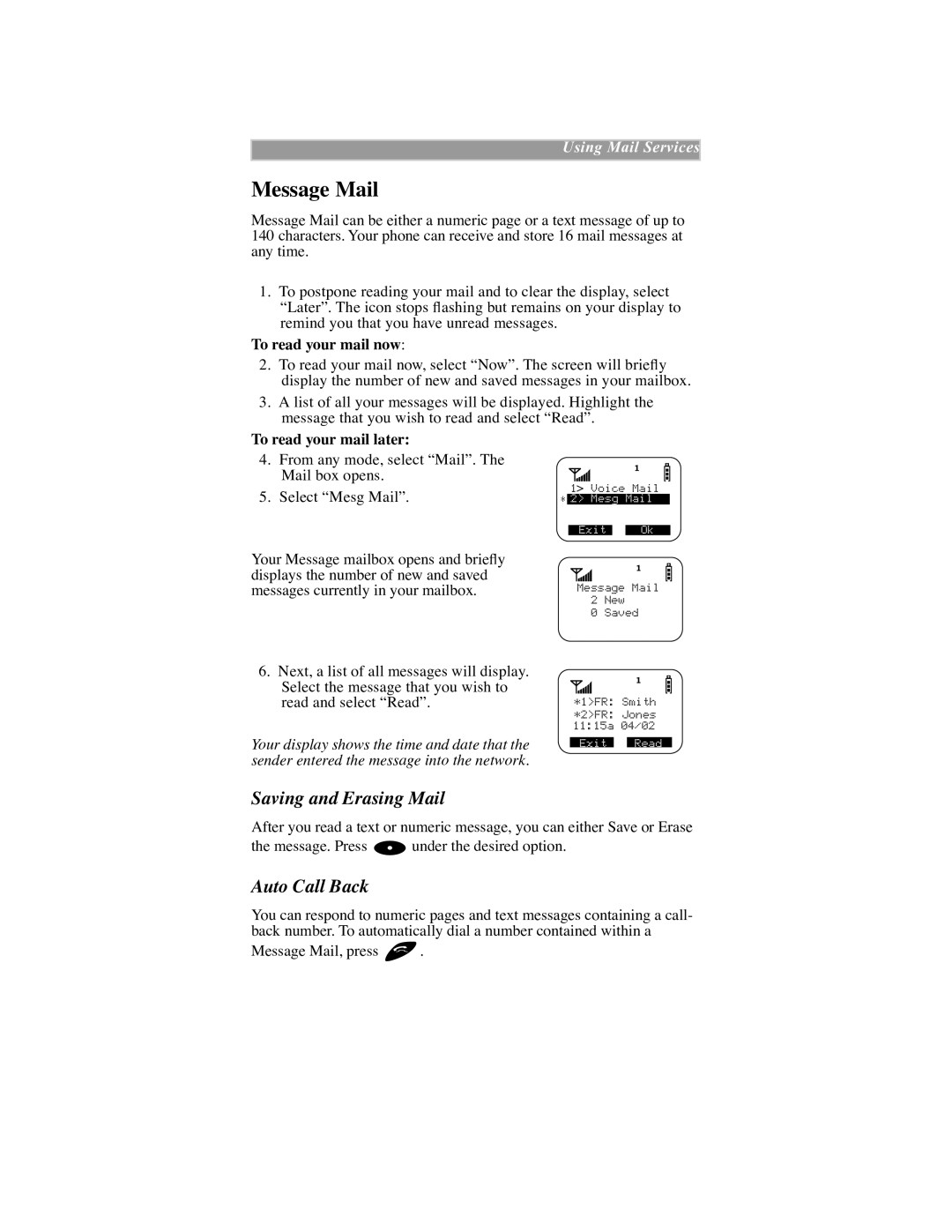 Motorola iDEN manual Message Mail, Saving and Erasing Mail, Auto Call Back 